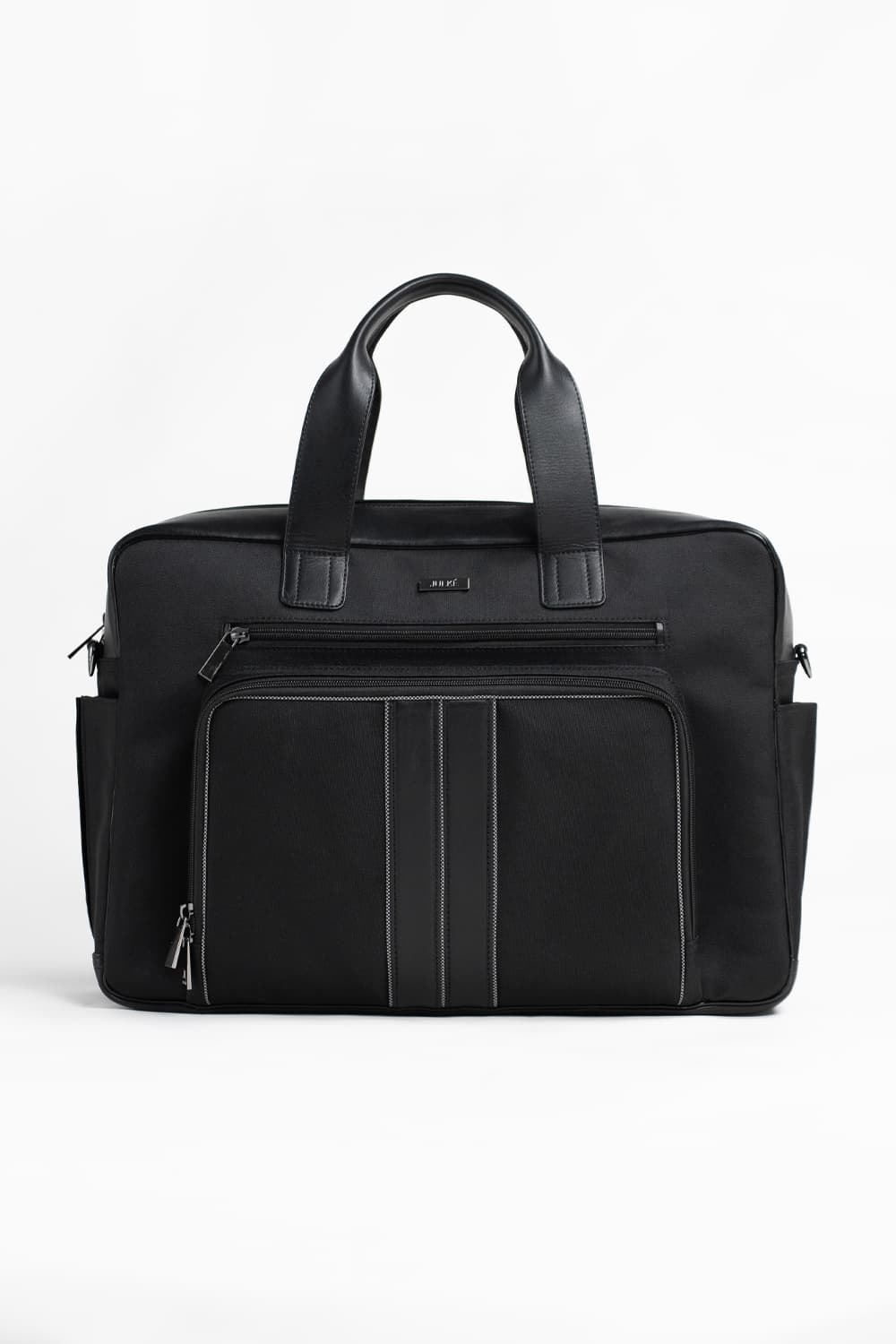 Black briefcase with multiple compartments on a white background