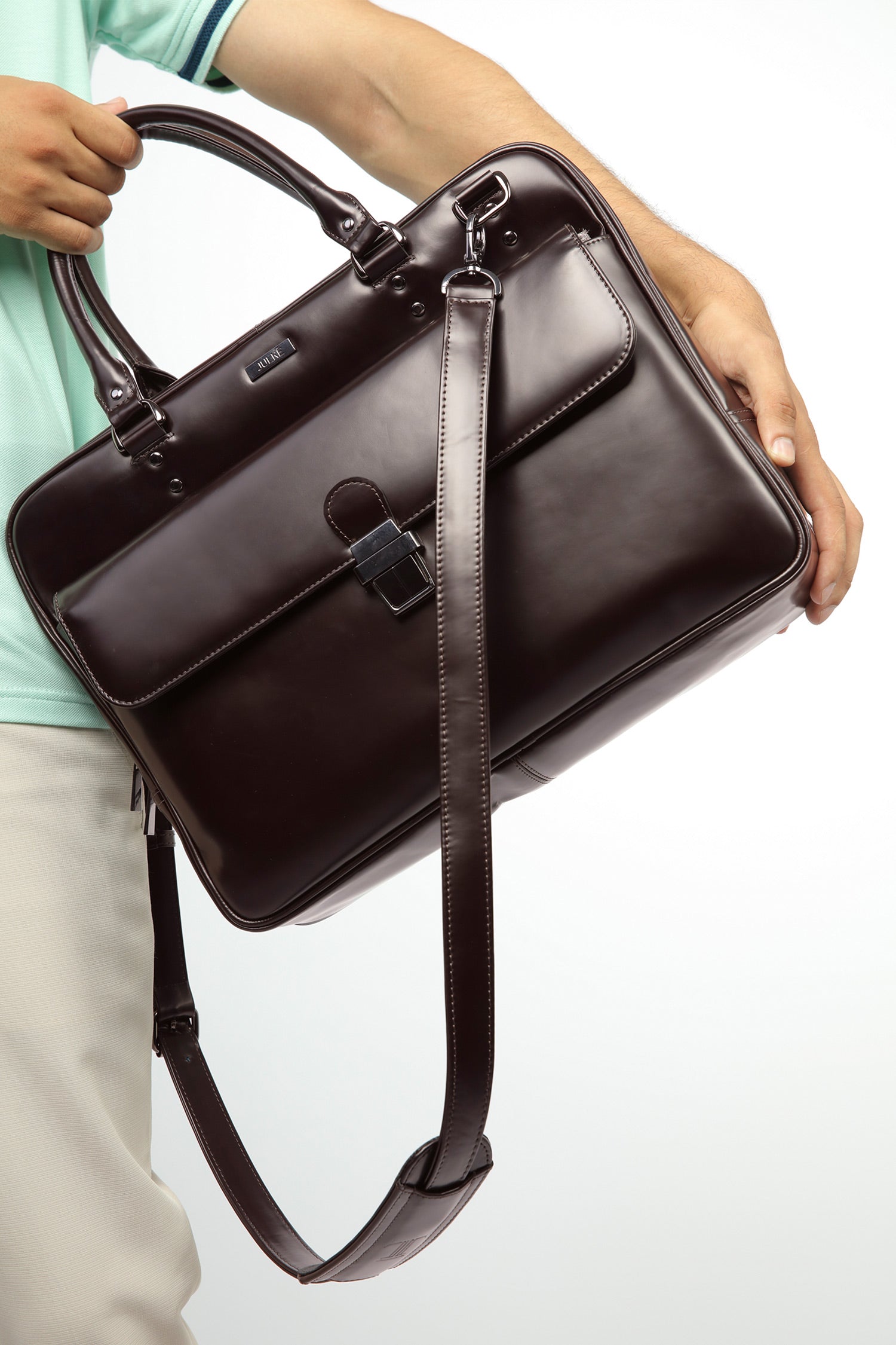 Leather laptop bag in dark maroon colour with glossy finish by JULKE