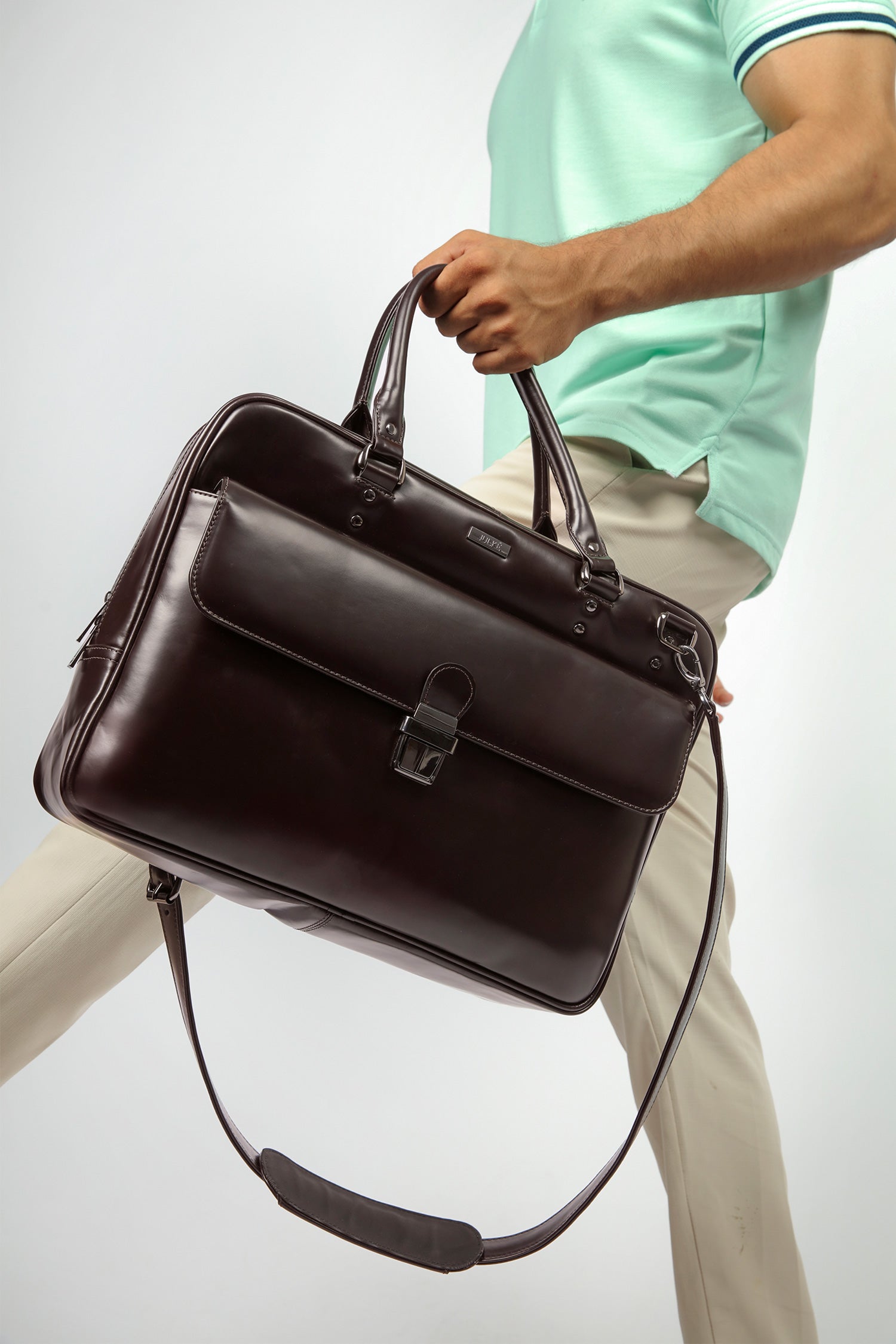 Leather laptop bag in dark maroon colour with glossy finish by JULKE