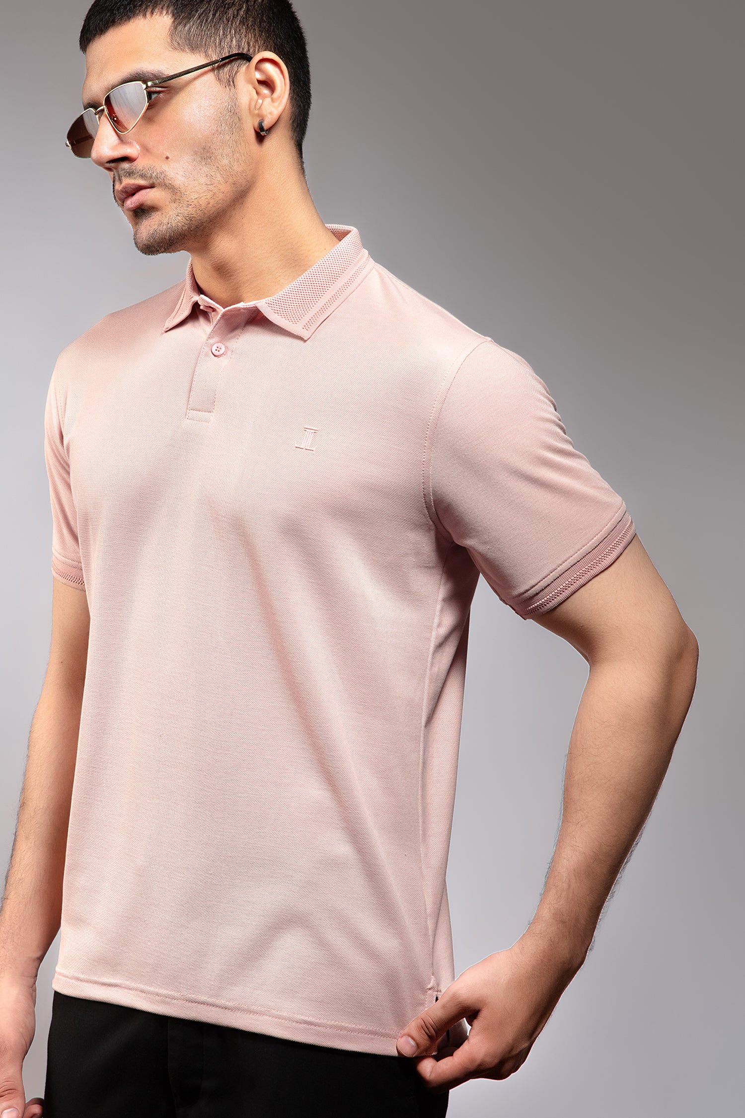 Mens summer polo shirt in light pink colour with matching tipped collar and half sleeves by JULKE.