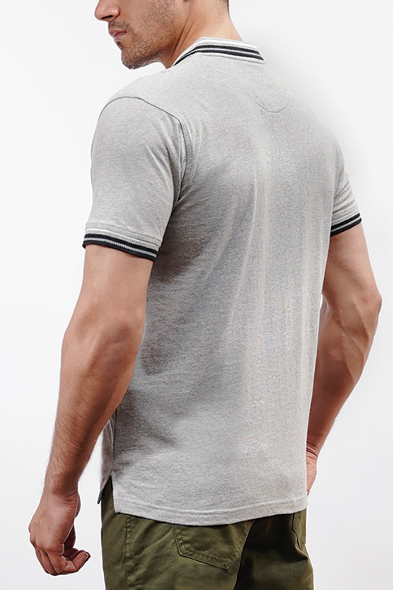 Mens summer polo shirt in light grey with contrast tipped collar and ribs by JULKE