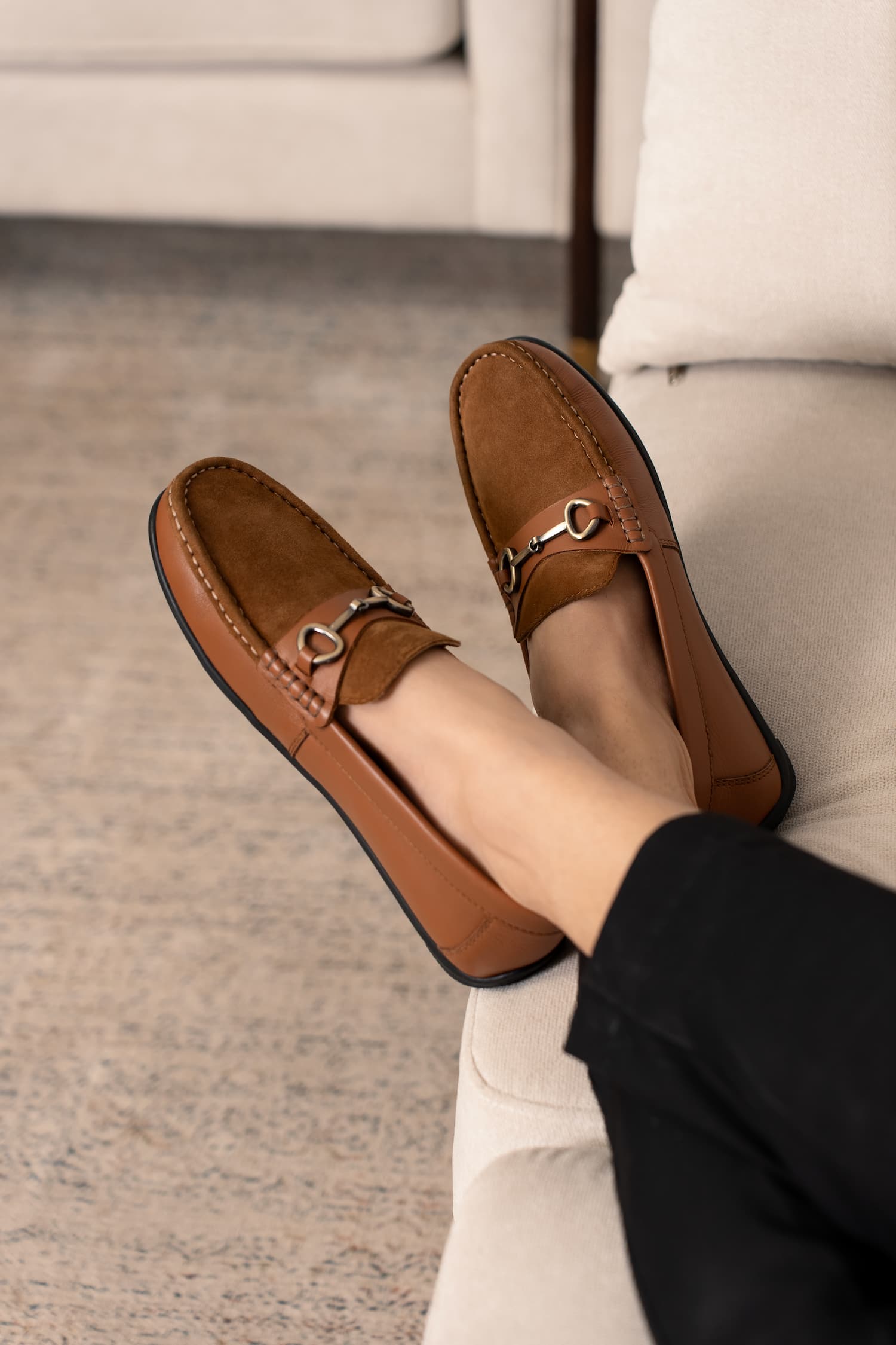 Mens suede and leather moccasins in tan colour with metallic light gold horsebit buckle by JULKE.