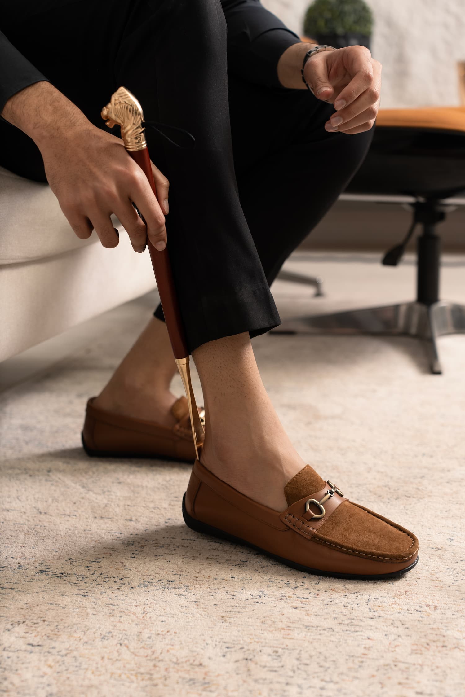 Mens suede and leather moccasins in tan colour with metallic light gold horsebit buckle by JULKE.