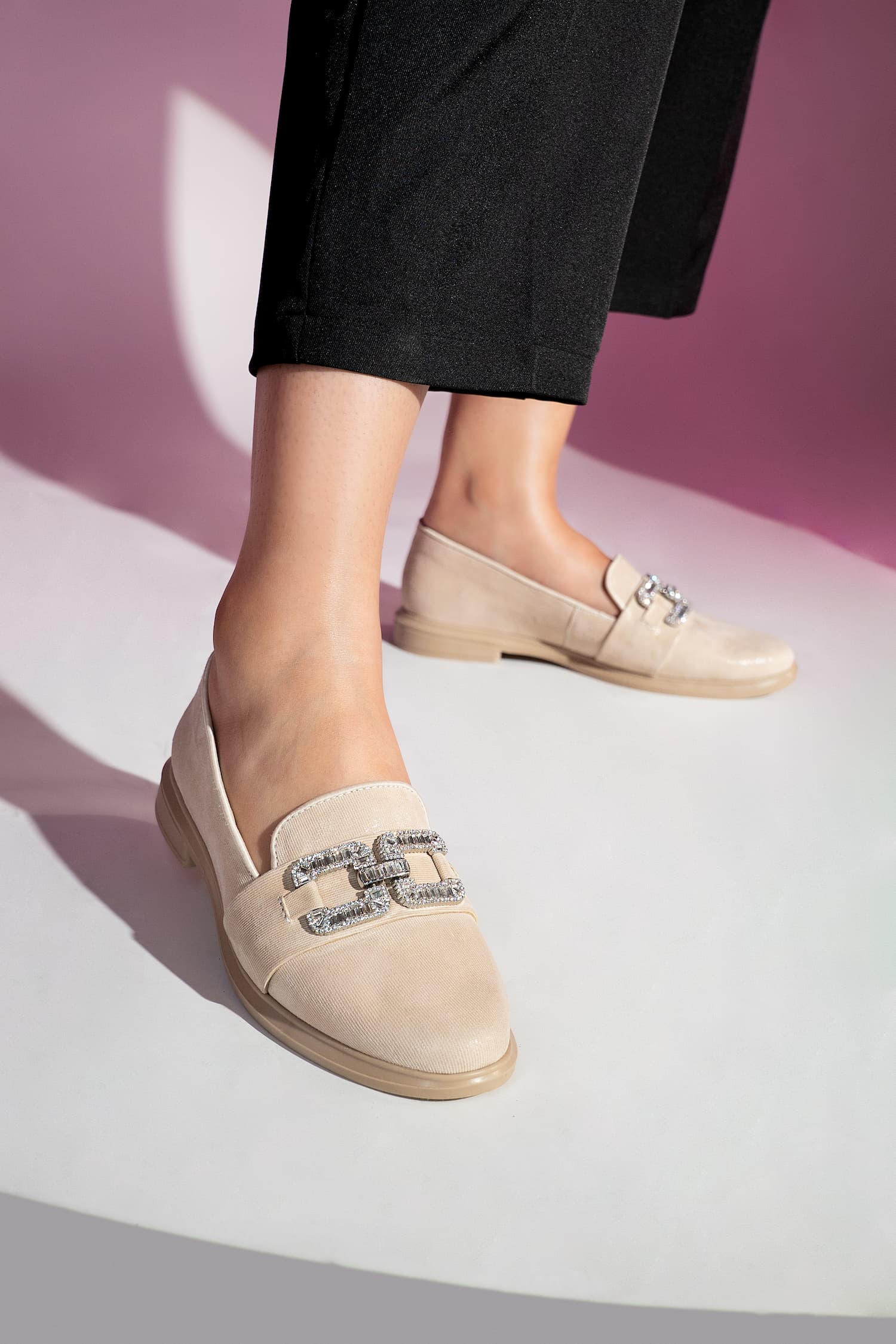 Womens leather loafers in off white colour with glitter and large diamante double D buckle by JULKE.