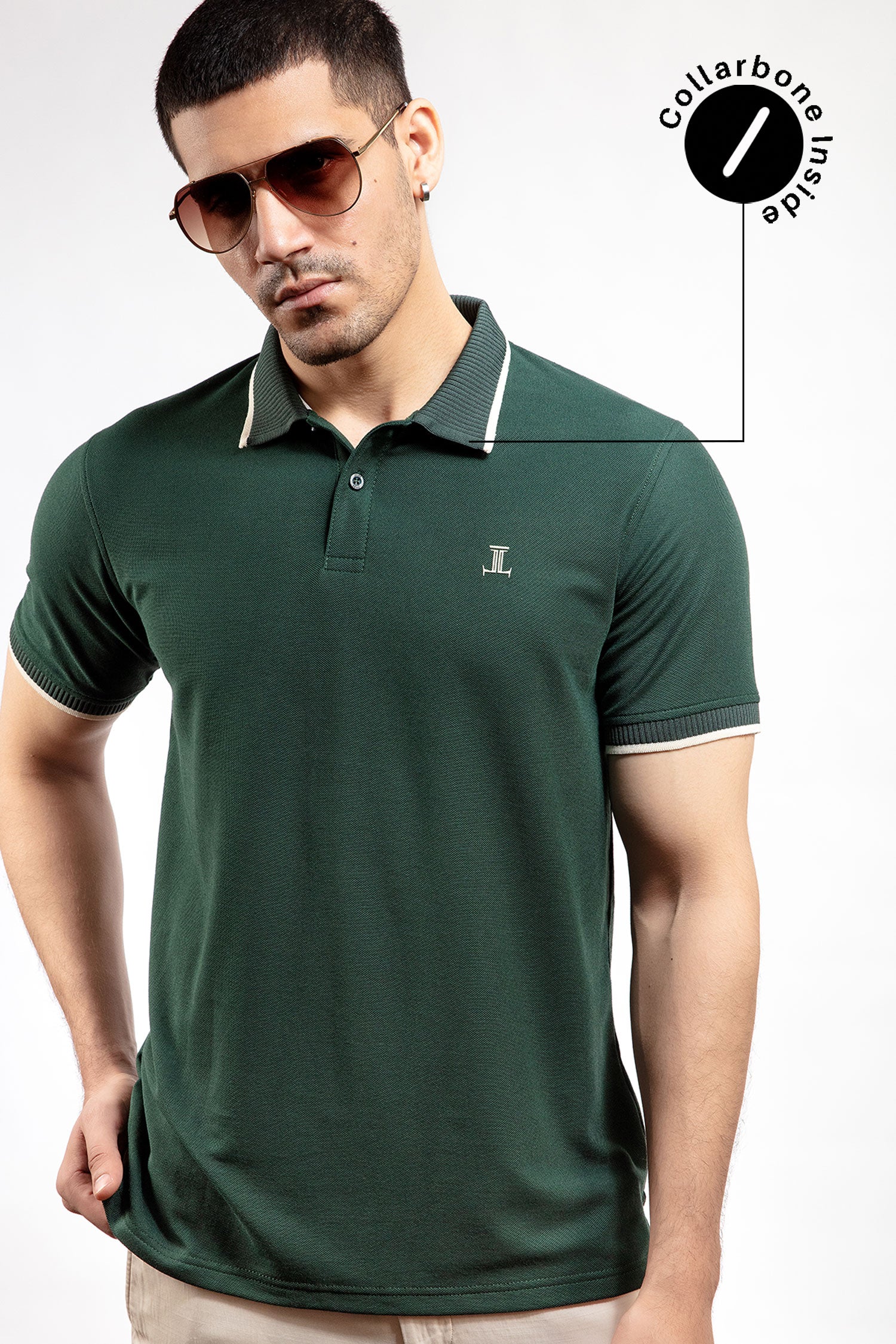 Mens summer polo shirt in dark green colour with matching white outline tipped collar and half sleeves by JULKE.