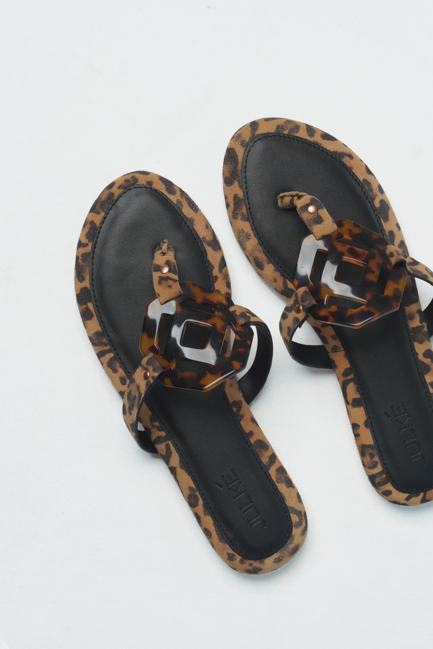 Womens leather flat suede thongs in cheetah print with comfort foam padding and resin buckle by JULKE