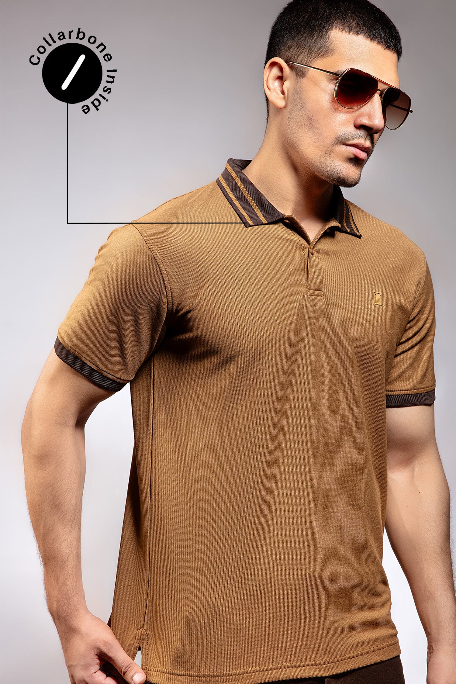 Mens summer polo shirt in brown colour with striped tipped collar and half sleeves by JULKE.