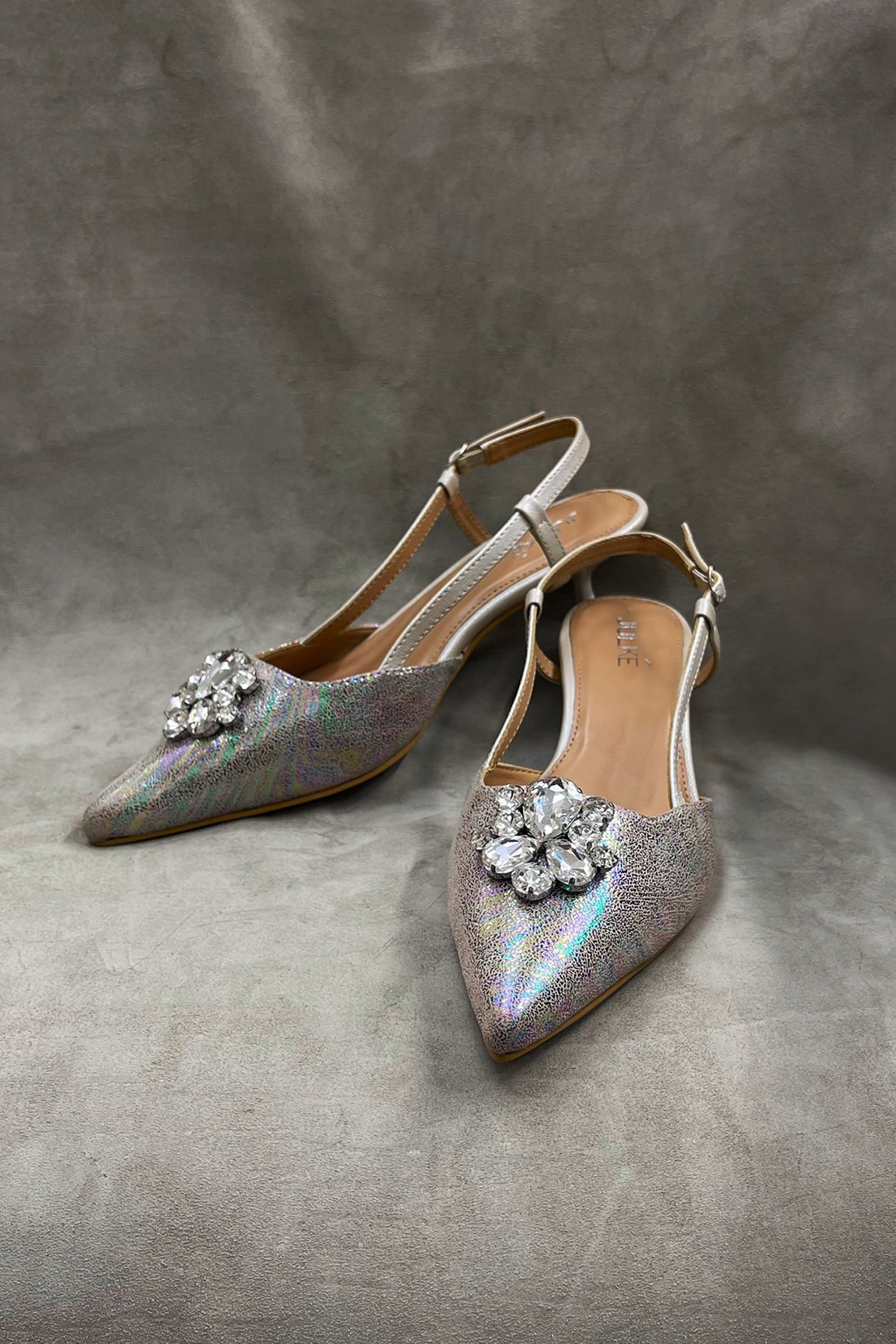 Women's leather sling-back kitten heels in prism multicolor with oval rhinestone brooch by JULKE.