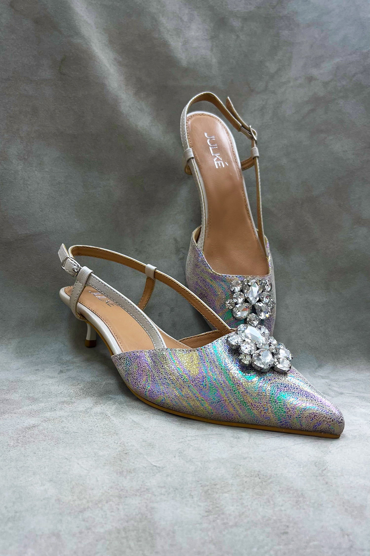 Women's leather sling-back kitten heels in prism multicolor with oval rhinestone brooch by JULKE.