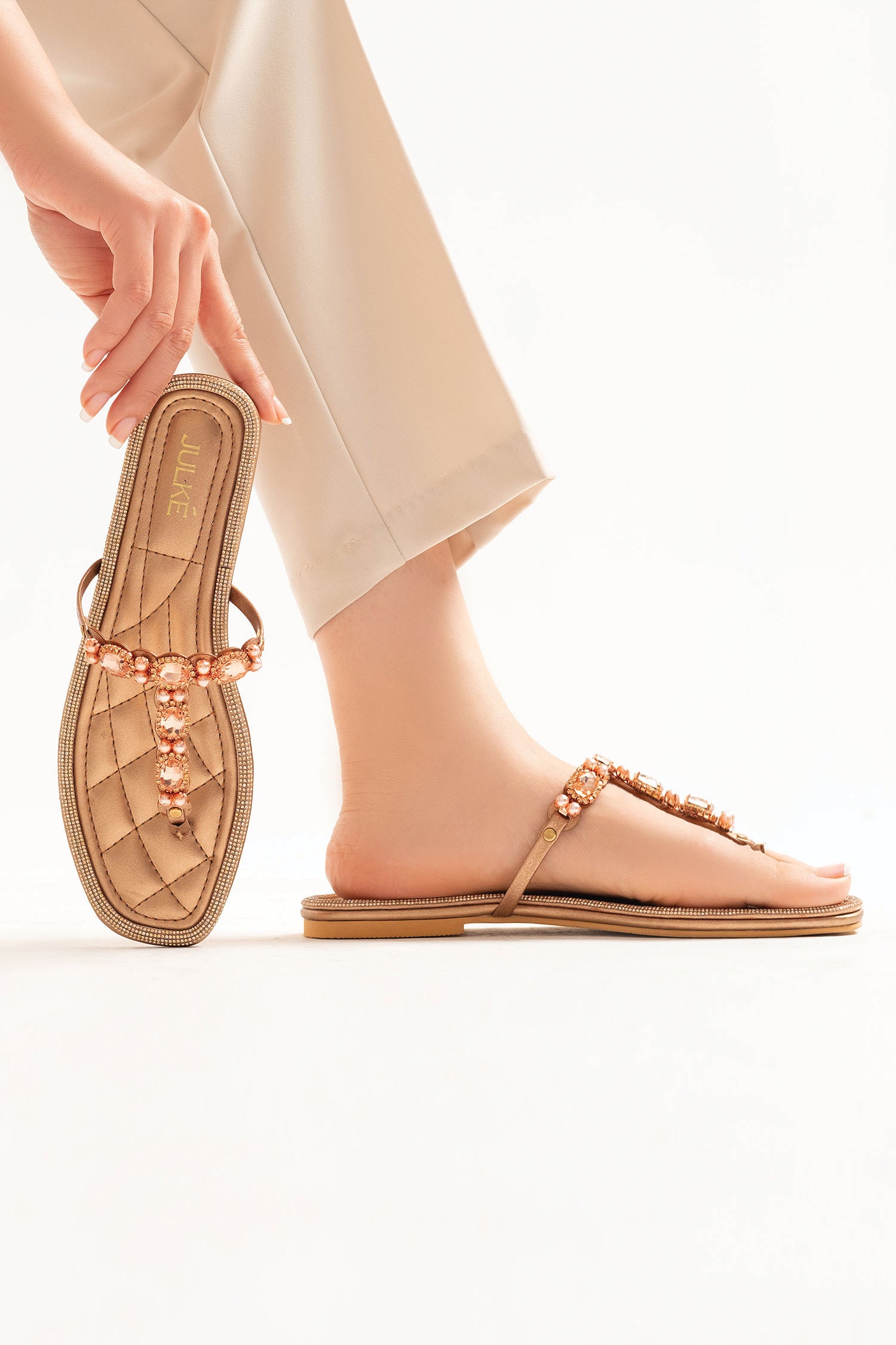 Women summer flats thong in peach colour with diamantes, pearls and glitter velt by JULKE