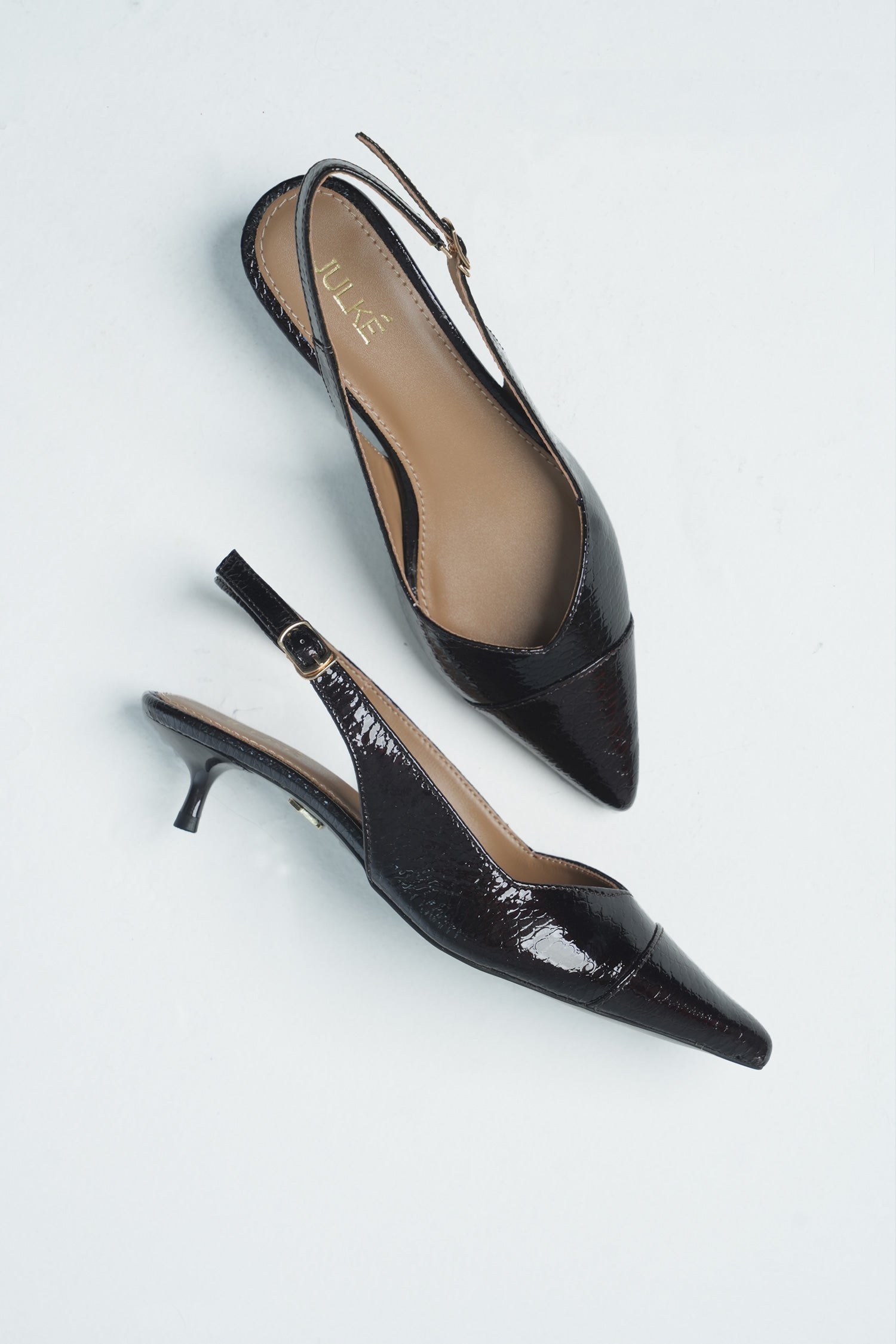 Womens leather kitten heels in dark burgundy colour in reptile texture with slingback and pointed toe by JULKE