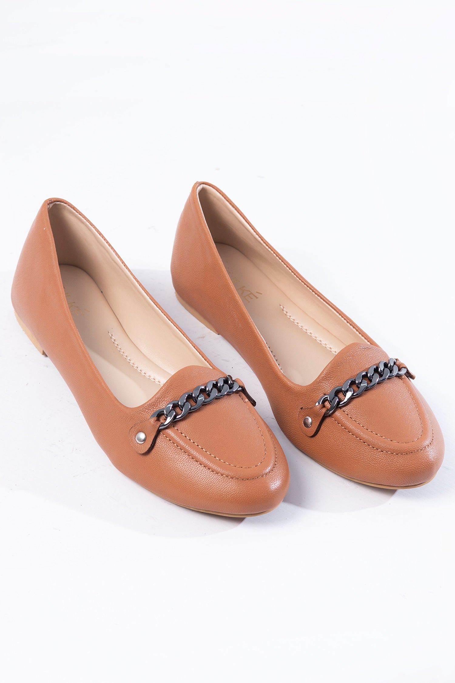 Womens leather flat pumps in tan colour with chain buckle by JULKE