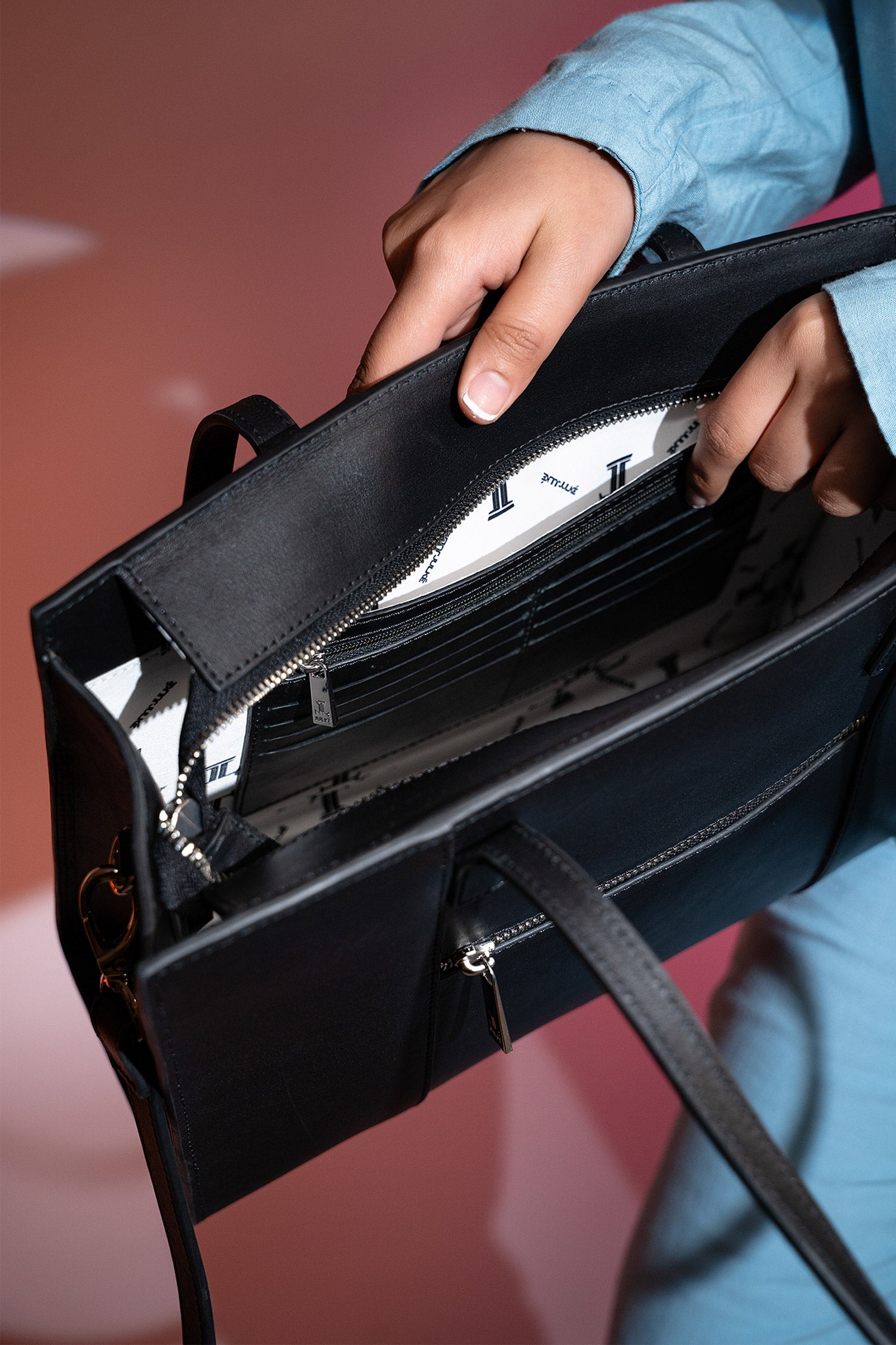 Women's leather tote bag medium size in black colour with diamond pattern fabric strip and detachable shoulder strap by JULKE.