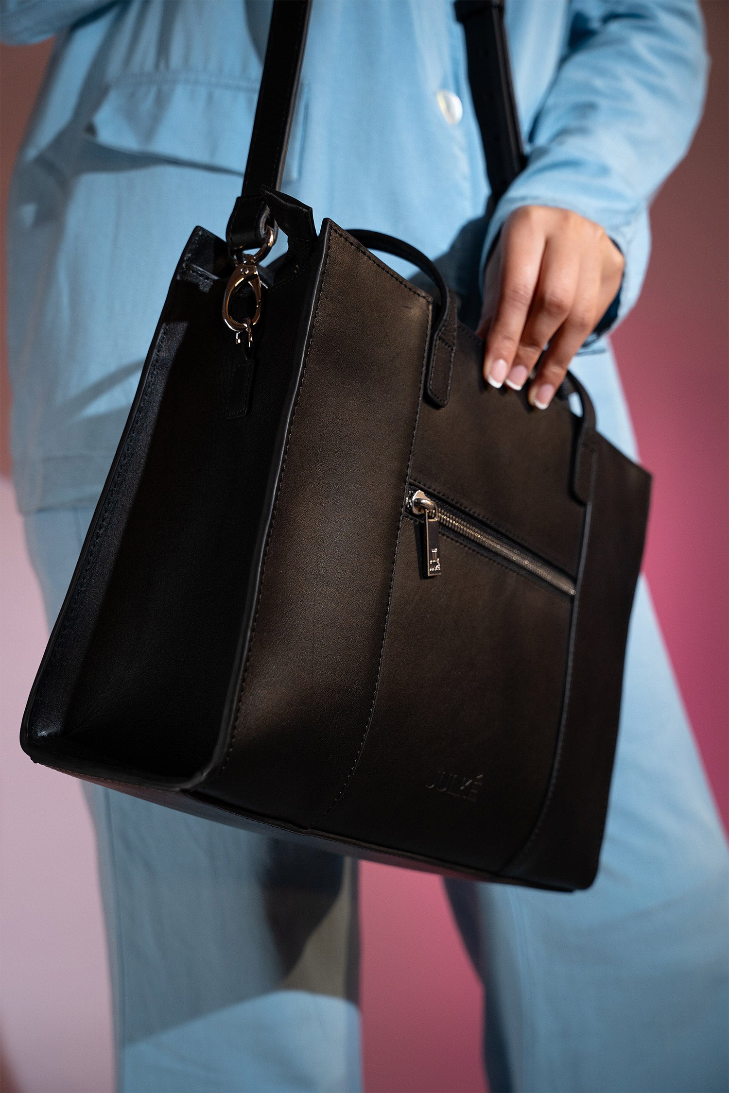 Women's leather tote bag medium size in black colour with diamond pattern fabric strip and detachable shoulder strap by JULKE.