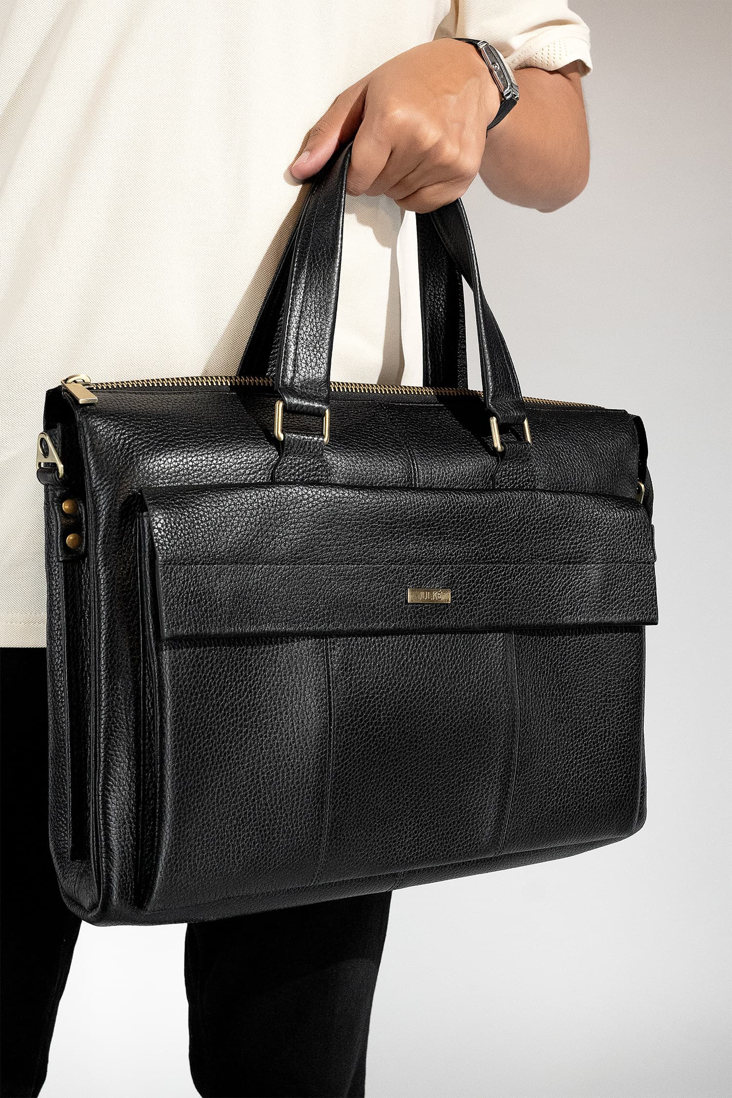 Mens soft leather laptop bag in black colour with extra pockets handles and detachable shoulder strap by JULKE