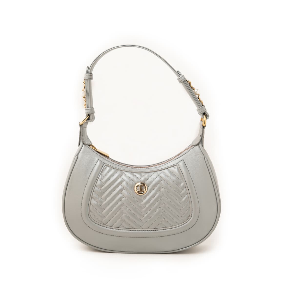 Women's genuine leather shoulder bag in grey with quilted front, gold-tone accents, and adjustable strap by JULKÉ.