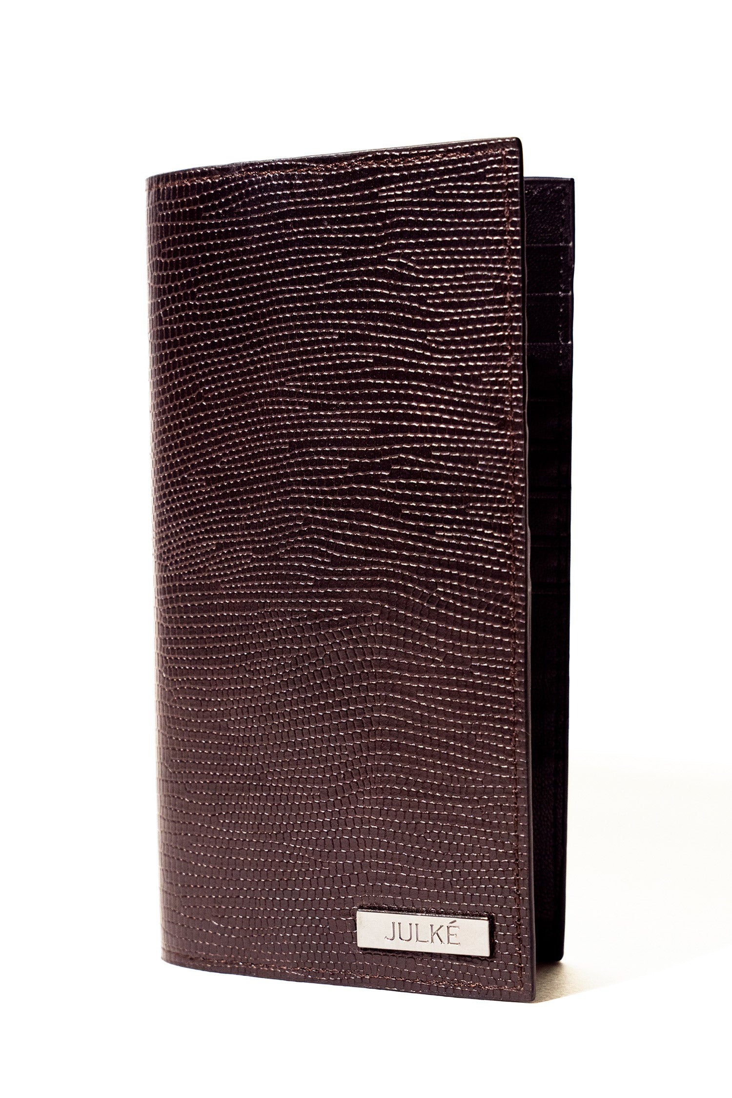 Mens leather long wallet in dark brown colour with reptile texture by JULKE