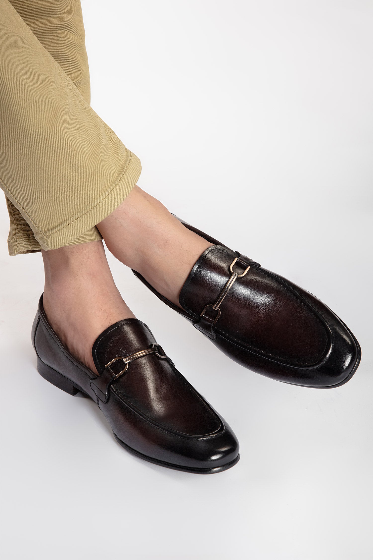 Mens leather slip on shoes with two tone effect in dark brown colour and metal double bar buckle by JULKE