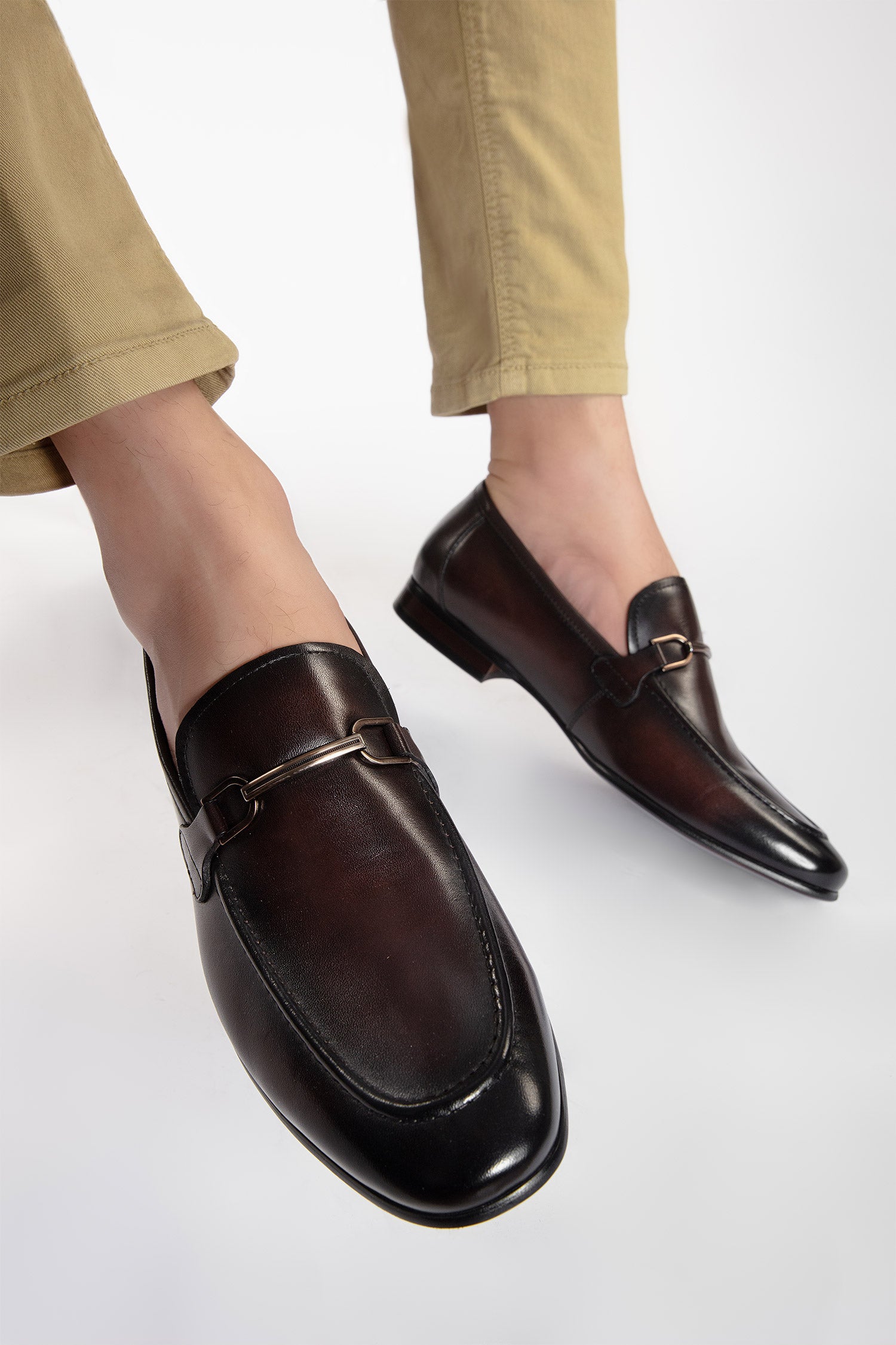 Mens leather slip on shoes with two tone effect in dark brown colour and metal double bar buckle by JULKE