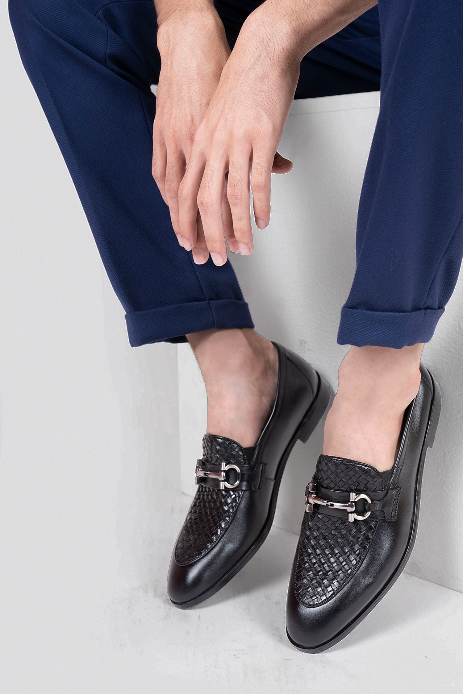 Mens original leather shoes in black colour with weaving and silver buckle by JULKE