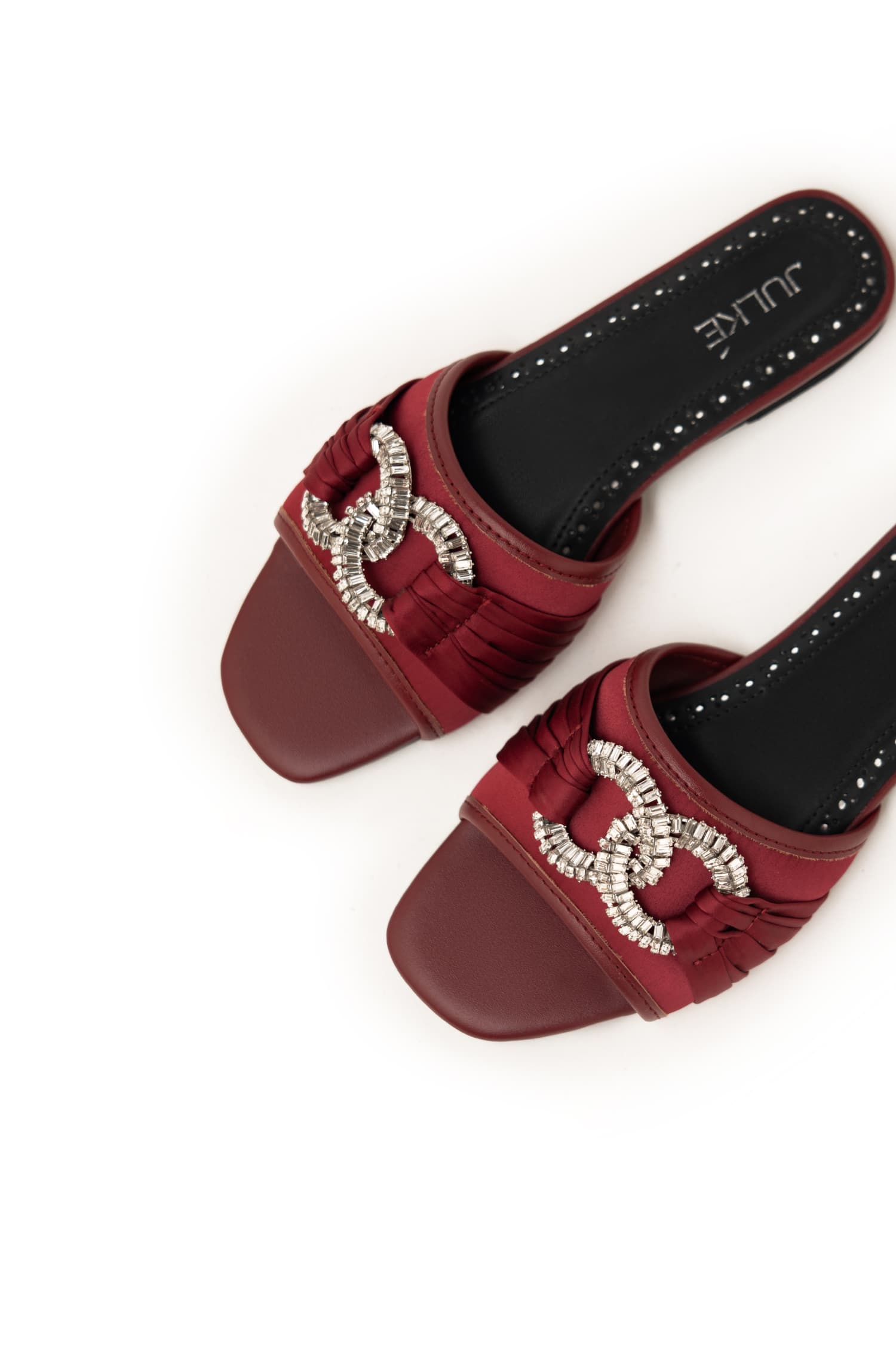 Rita-women-flat-shoes-cherry-rouge-diamante-chain-buckle-three-quarter-view-JULKE