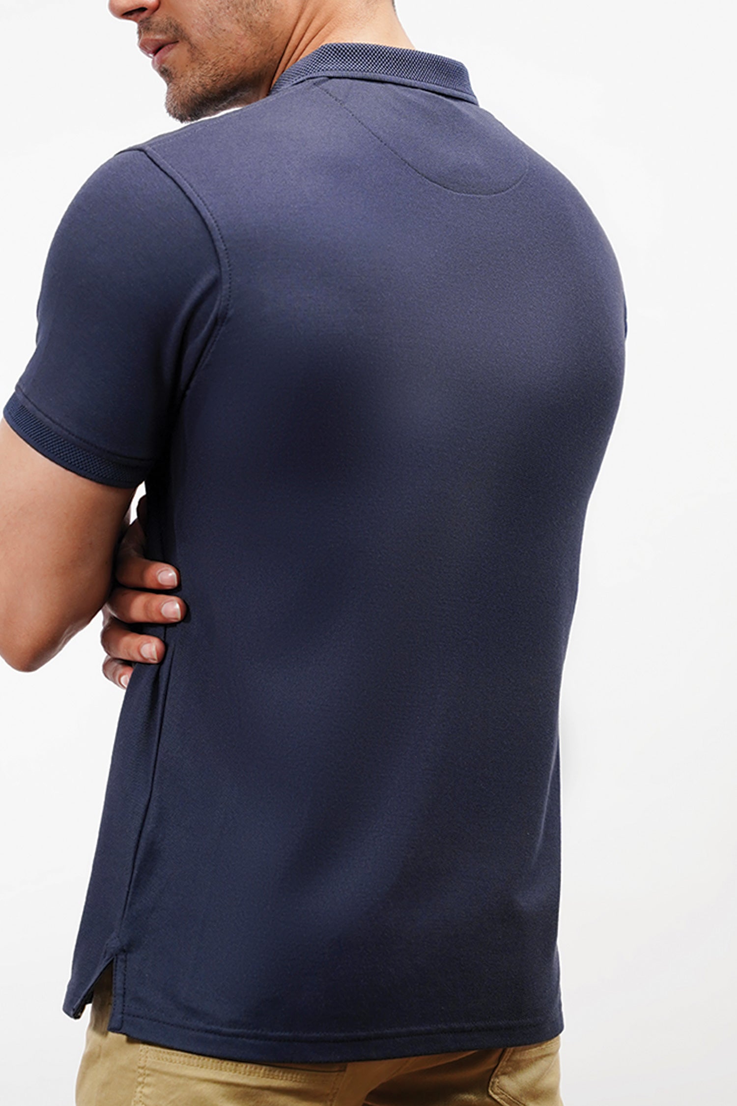 Mens summer polo shirt in dark blue colour with ribbed collar and sleeves by JULKE