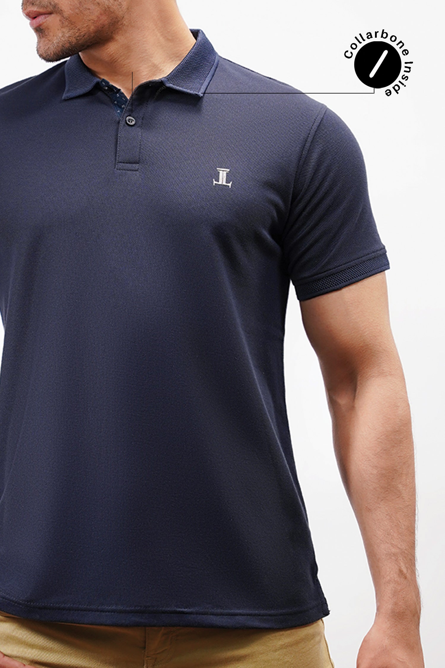 Mens summer polo shirt in dark blue colour with ribbed collar and sleeves by JULKE