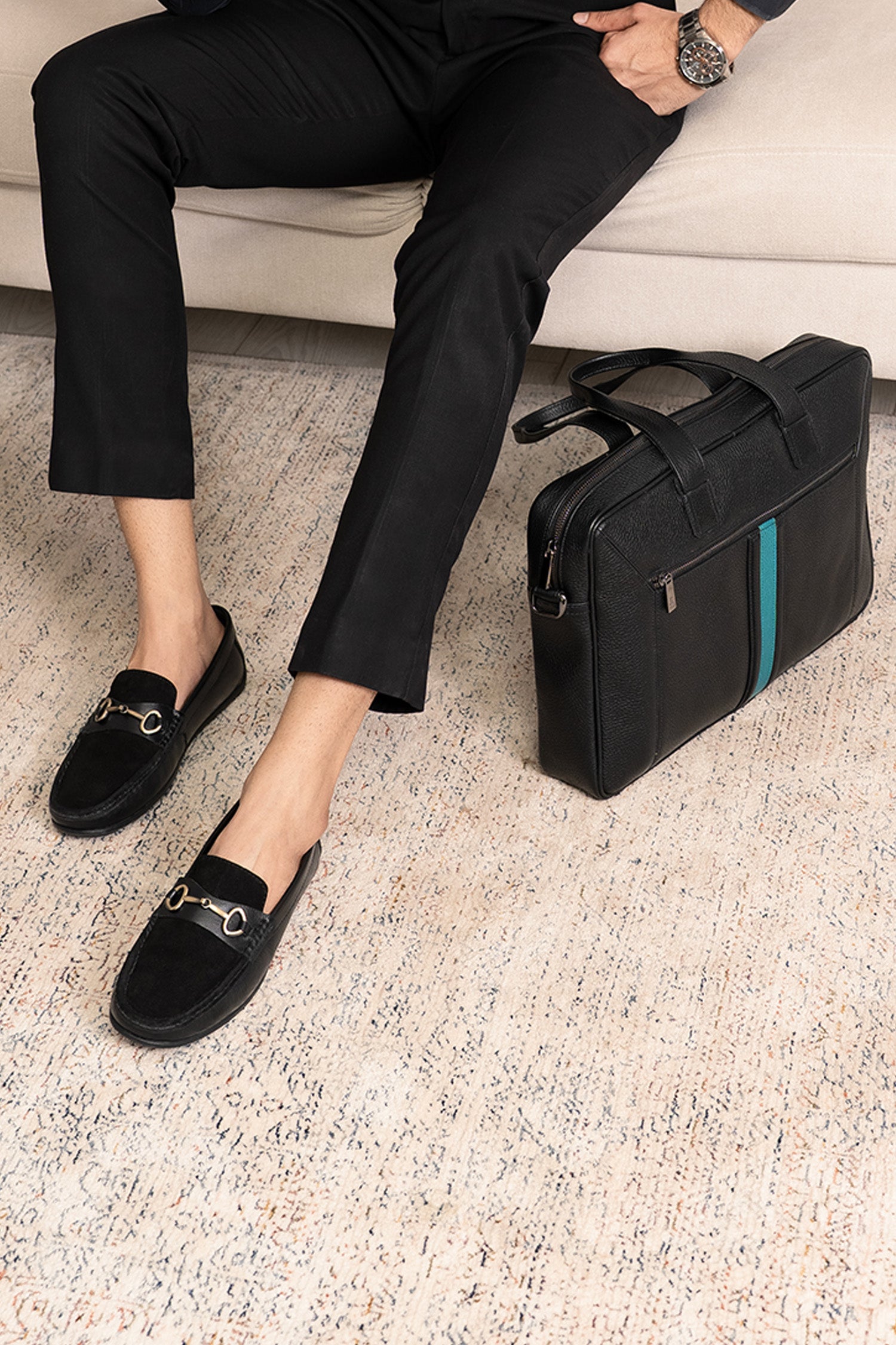 Mens soft leather laptop bag in black colour with turquoise leather stripe in front and matching suede leather moccasins by JULKE.