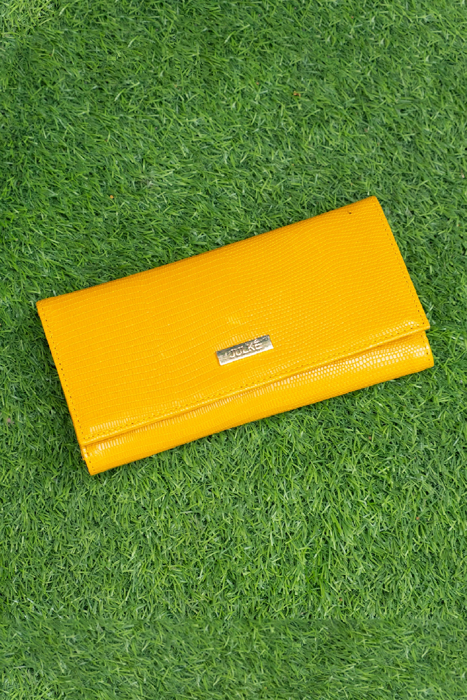 Womens leather accessory wallet in yellow colour with reptile texture by JULKE