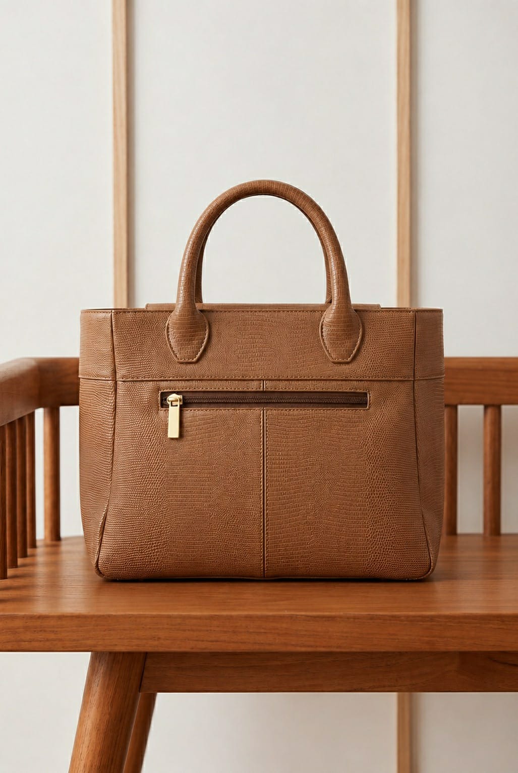 JULKE Carryall Brown Textured Leather Tote Bag Back View with Front Zip Pocket Detail