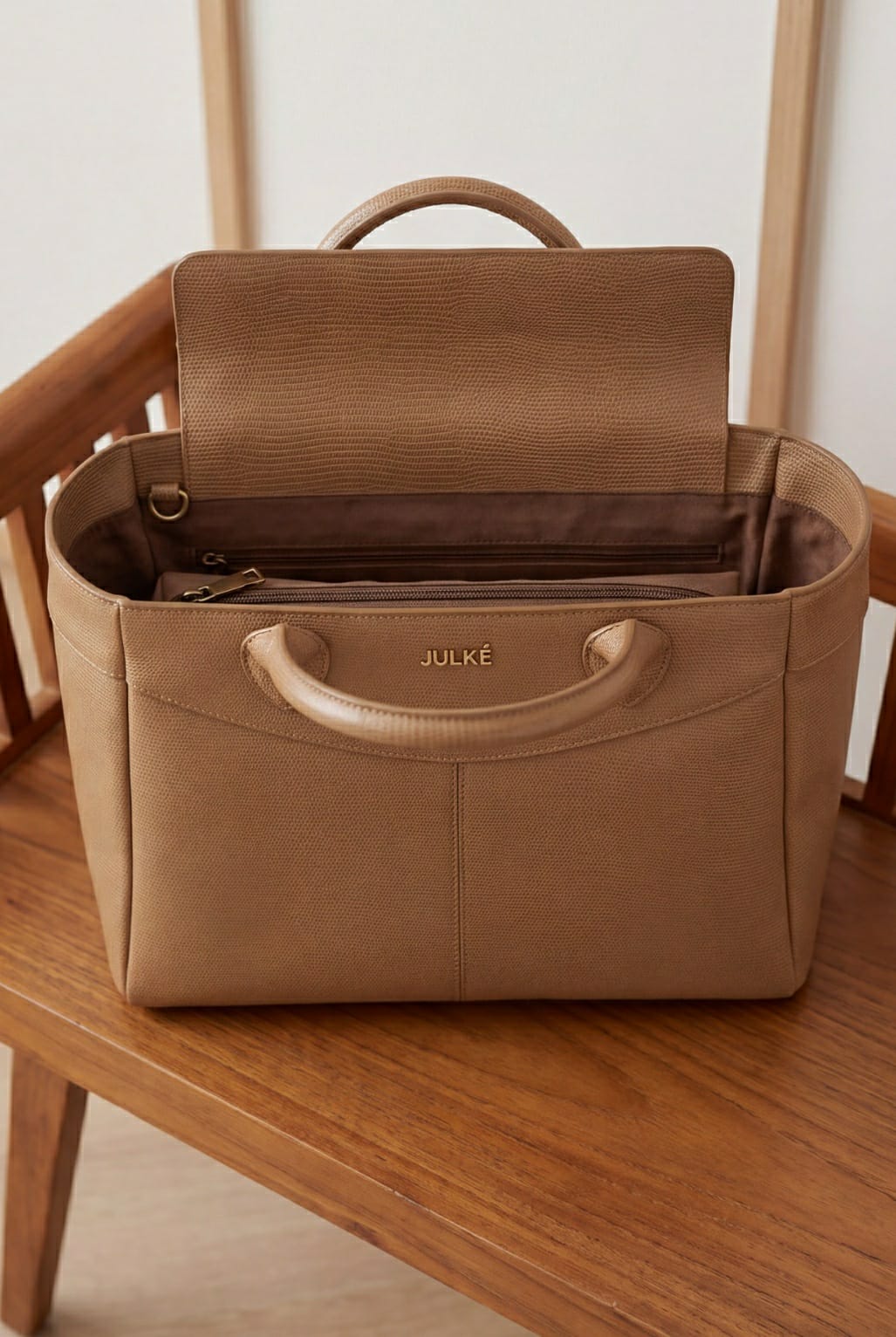 JULKE Carryall Brown Textured Leather Tote Bag Open Interior View with Multiple Compartments