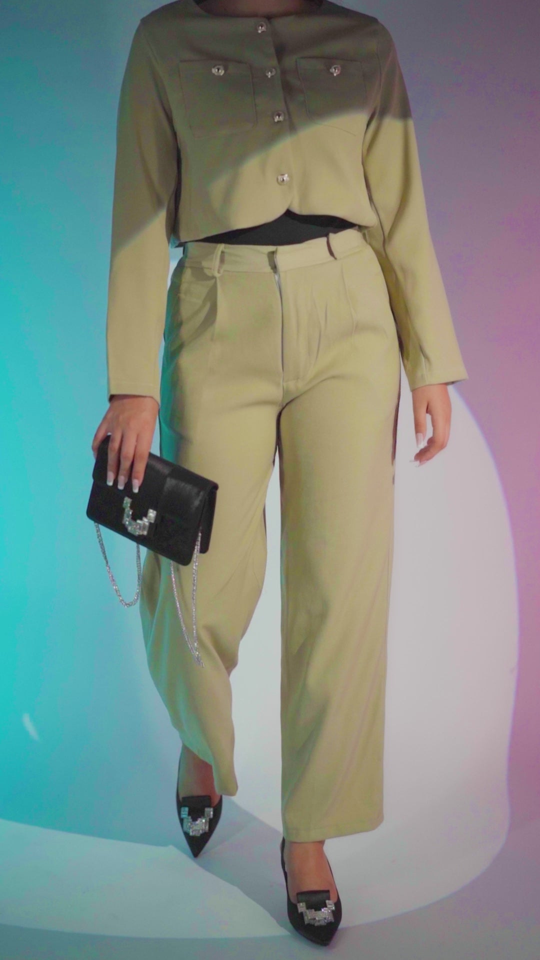 Women's sling back pointed toe heels and matching leather clutch bag in black and hot pink colour satin with geometric white rhinestone brooch by JULKE