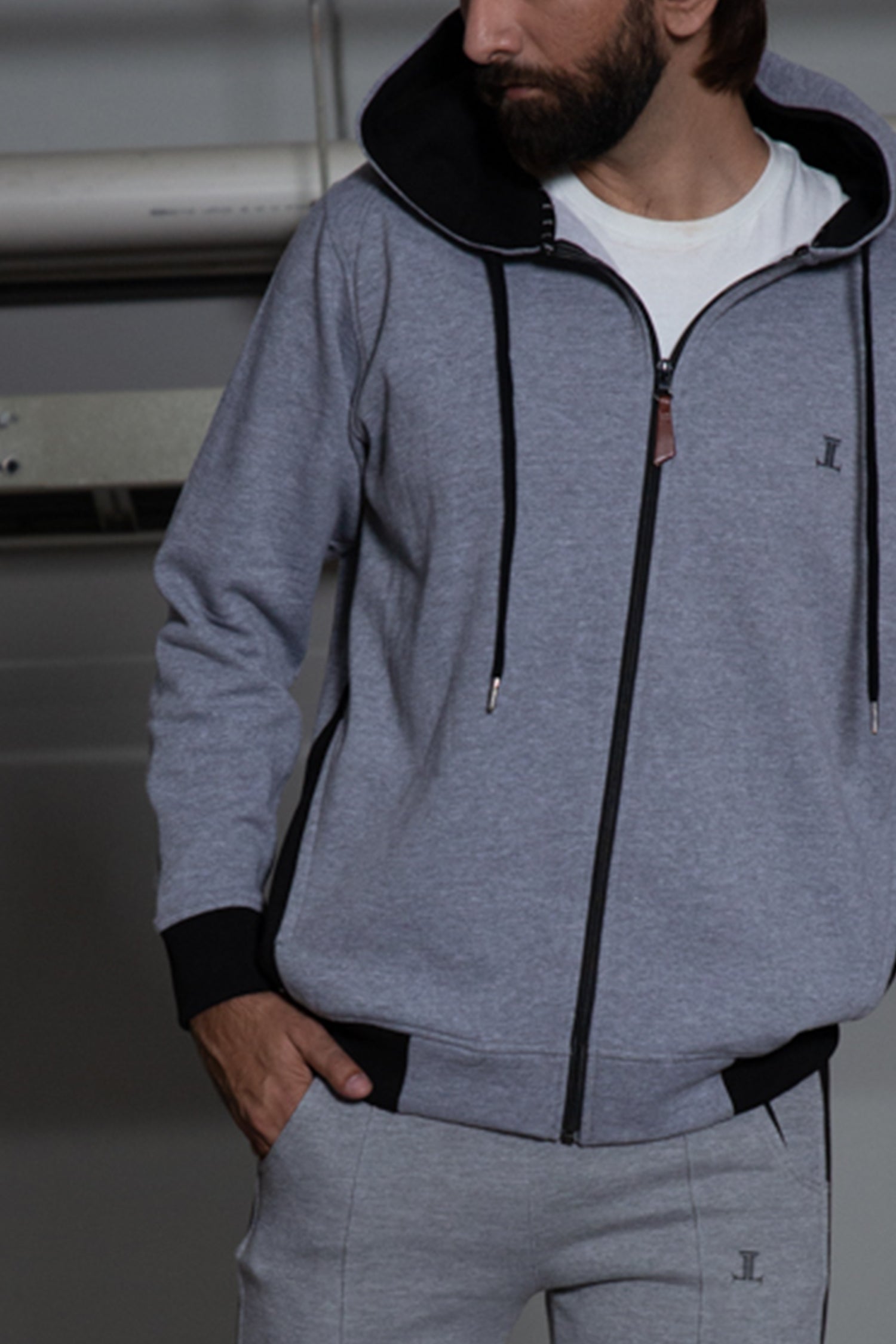 Mens winter hoodie in light grey colour with black accents by JULKE.