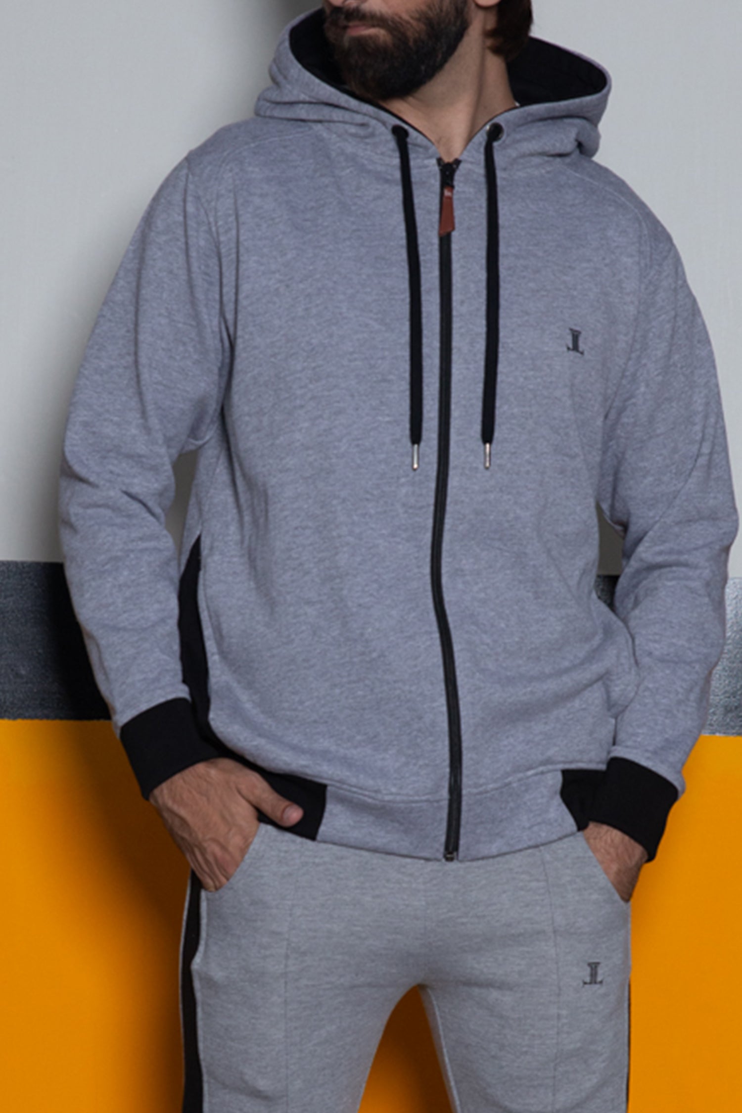 Mens winter hoodie in light grey colour with black accents by JULKE.