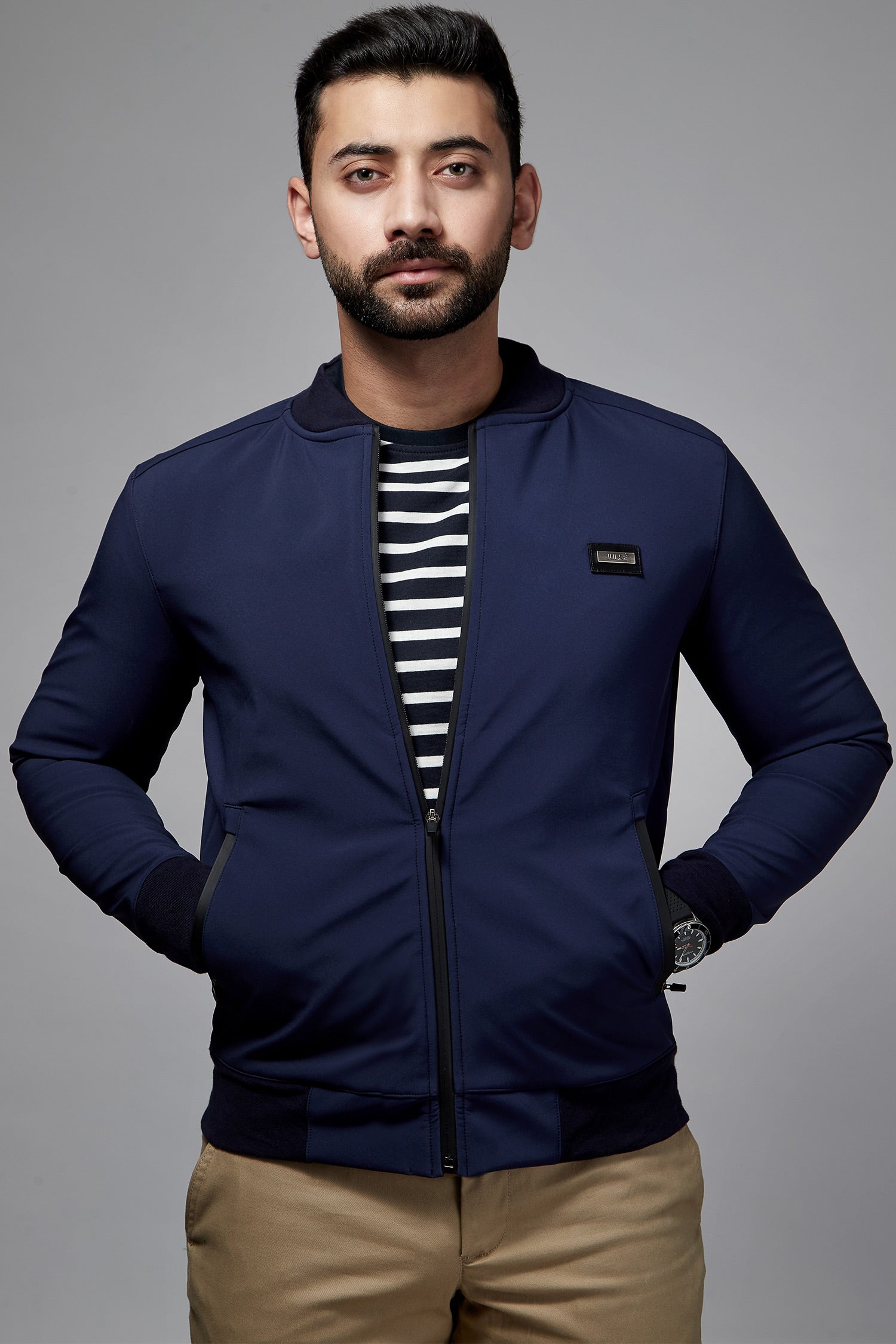 Mens winter bomber jacket in persian blue with waterproof zip by JULKE