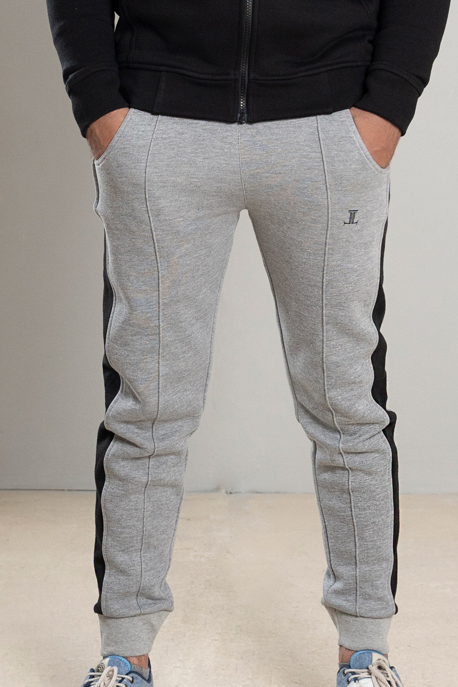 Mens winter sweatpants joggers in light grey with black stripe by JULKE