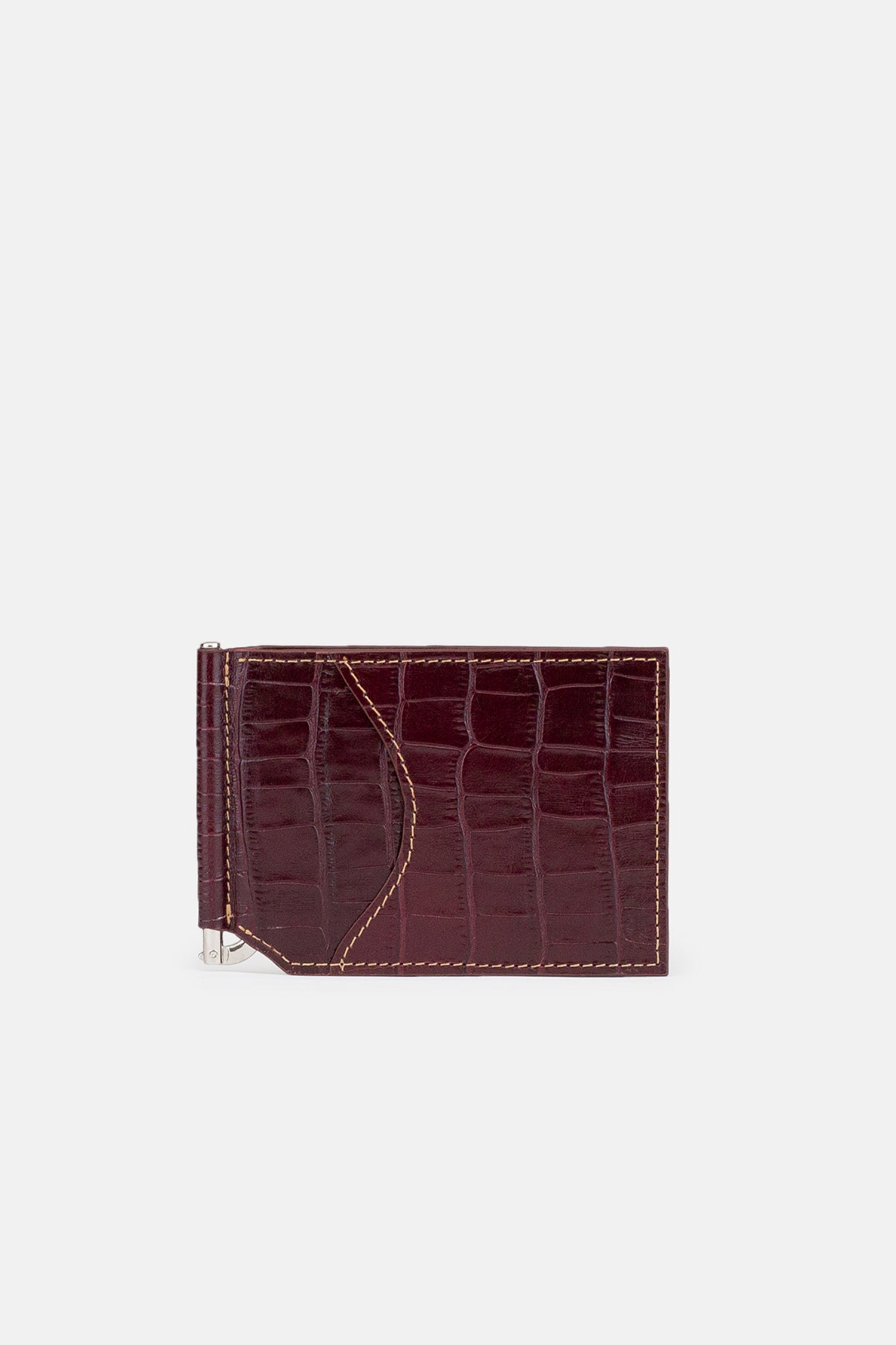 Mens original leather card holder & money clip with crocodile texture in burgundy colour by JULKE