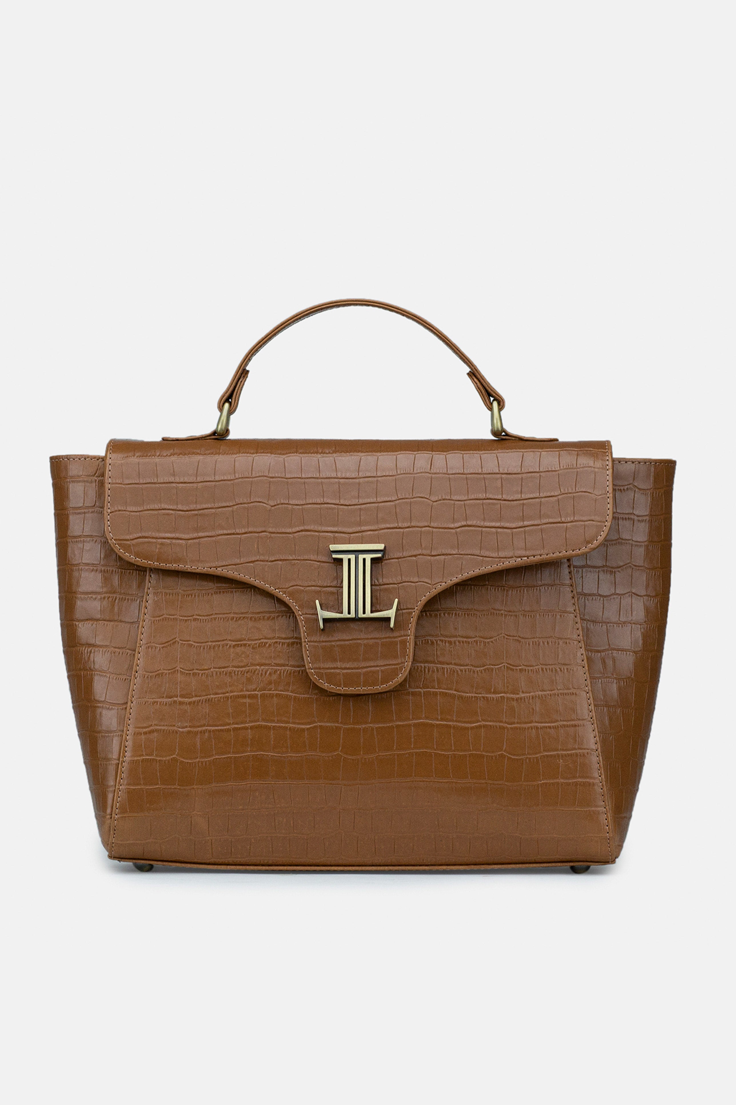 Womens original leather tote bag with crocodile texture in light brown colour by JULKE