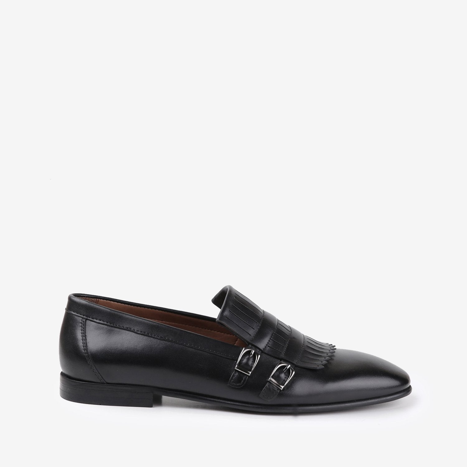 Mens two-tone leather shoes in black colour with double monk strap and laser cut fringe by JULKE.