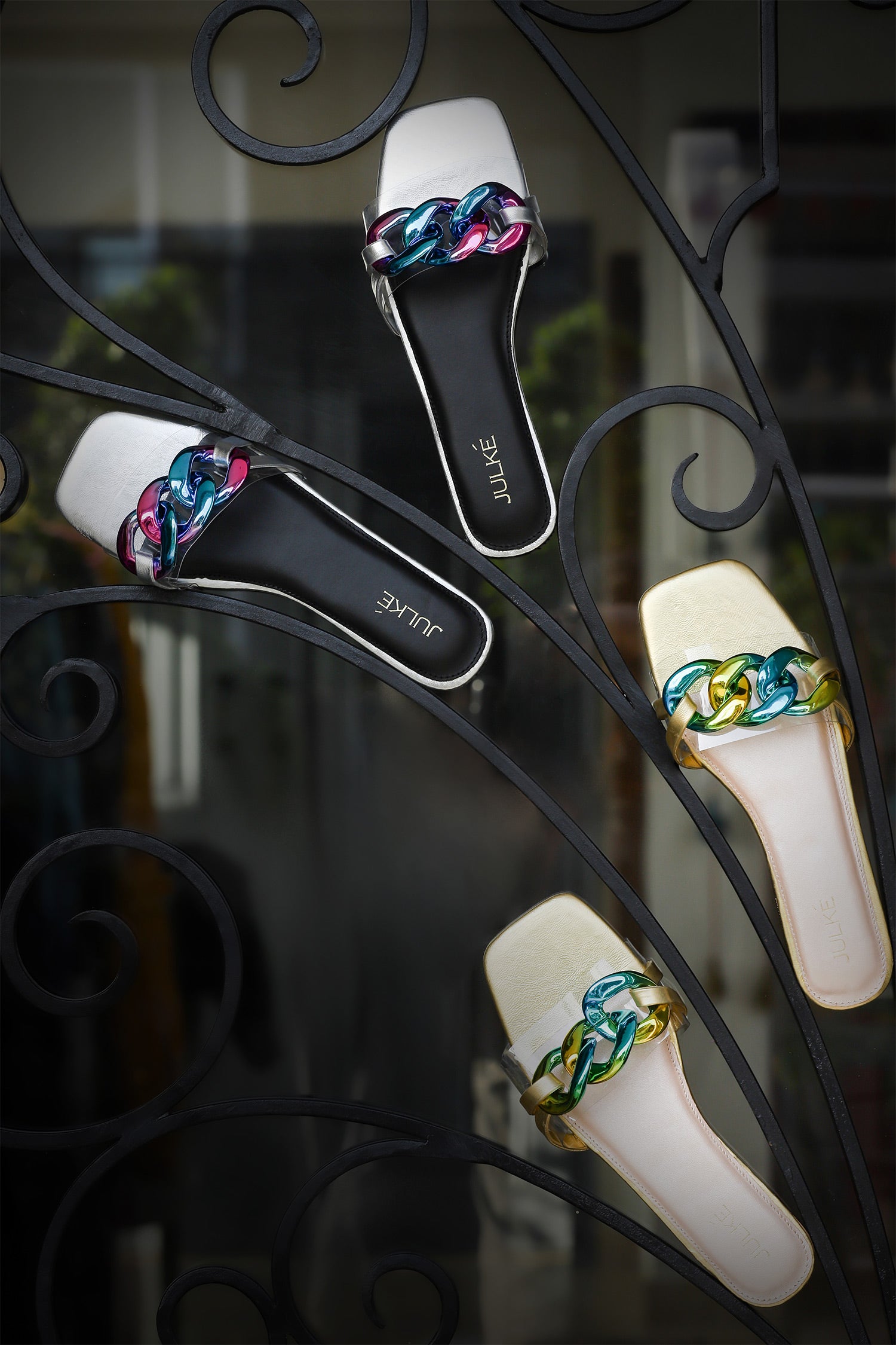 Women leather summer flats with transparent strap & neon colour chains by JULKE