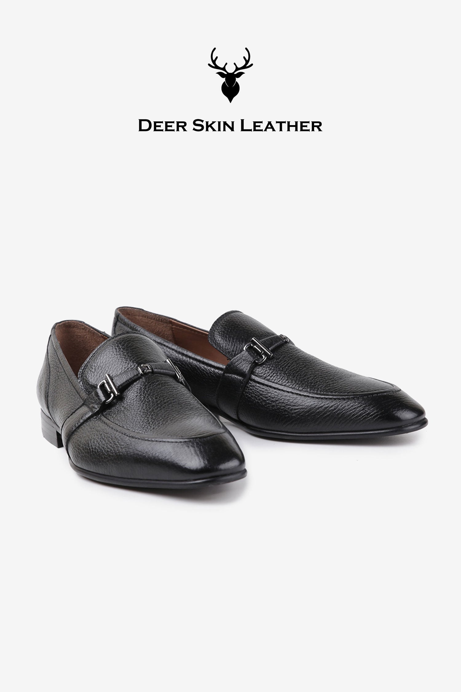 Mens original deerskin leather shoes in black colour with silver buckle by JULKE.