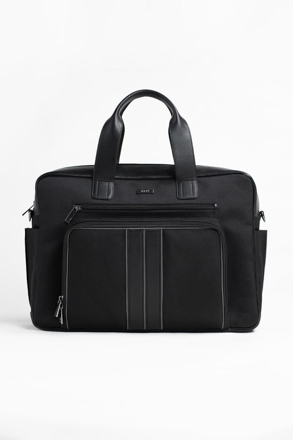 Black briefcase with multiple compartments on a white background