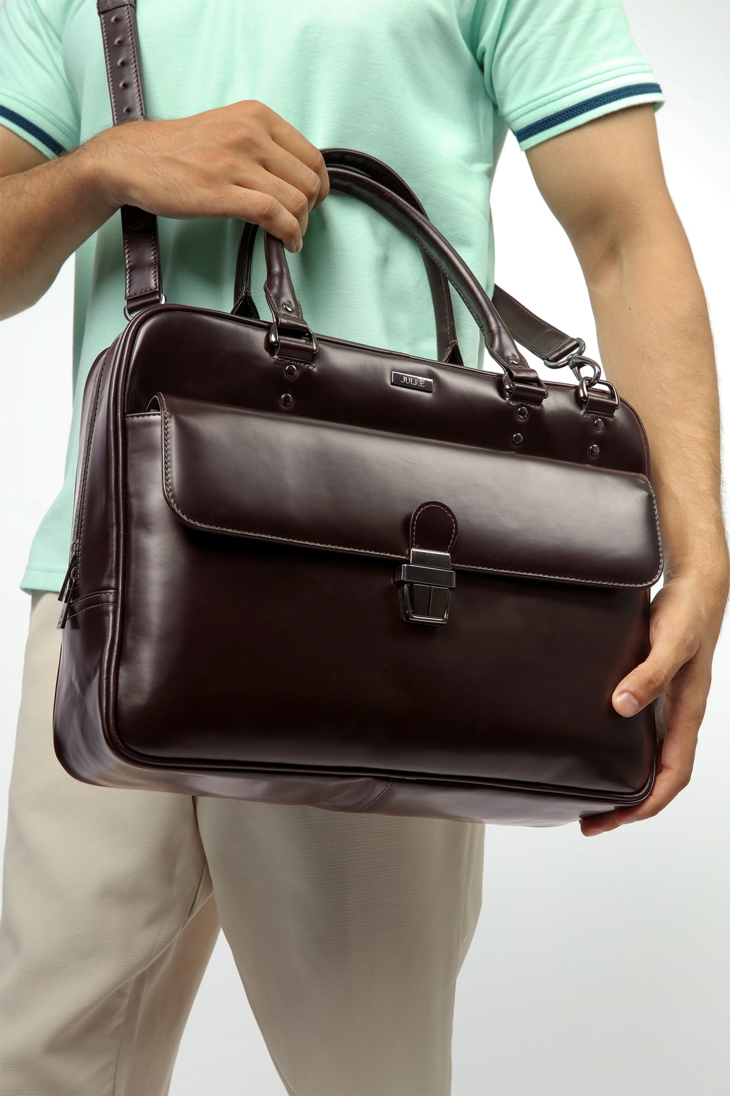 Leather laptop bag in dark maroon colour  with glossy finish by JULKE