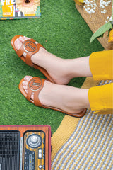 Women summer leather flats in brown colour with laser cutting and side elastic by JULKE 