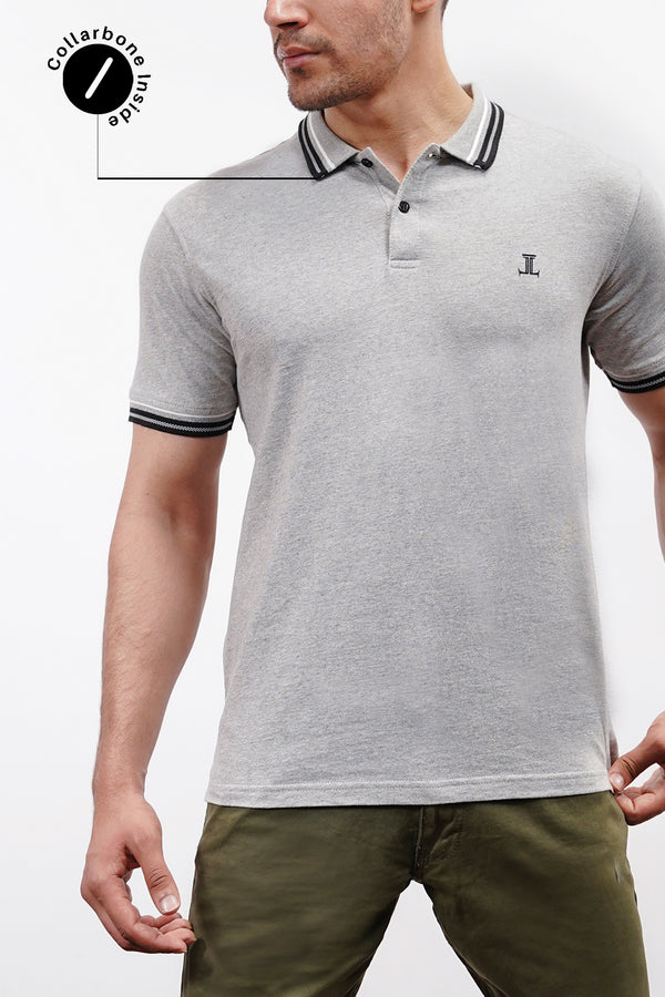 Mens summer polo shirt in light grey with contrast tipped collar and ribs by JULKE