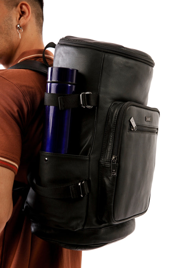 Mens original leather backpack in black colour with extra pockets for travel and hiking by JULKE