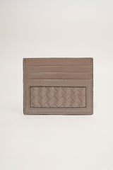 Unisex leather card holder in grey brown colour with woven patcha nd hidden pocket by JULKE
