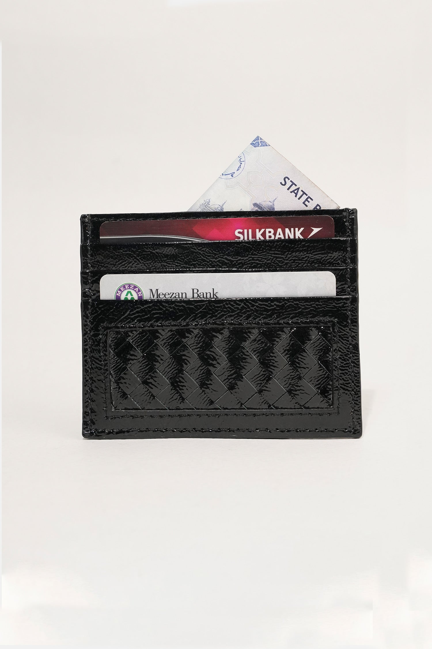 Unisex leather card holder in Black colour with woven patch and hidden pocket by JULKE