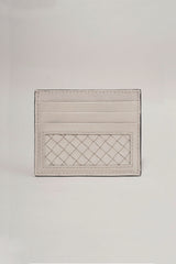 Unisex leather card holder in white colour with woven patch and hidden pocket by JULKE