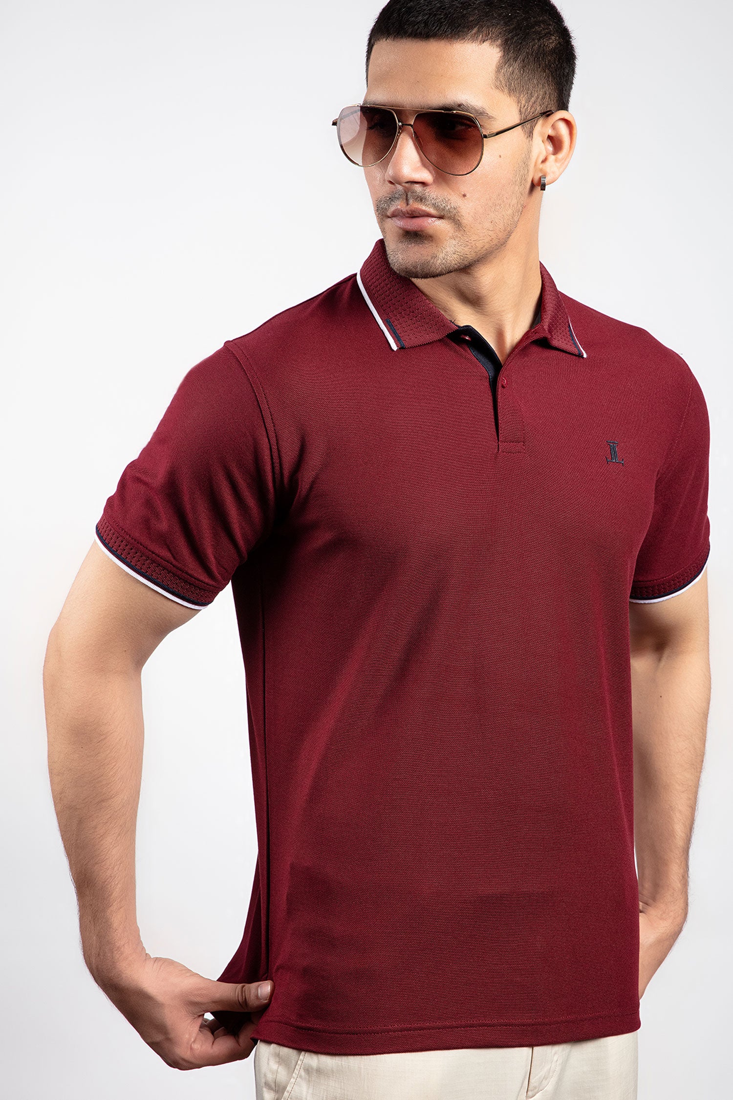 Mens summer polo shirt in burgundy colour with matching white outline tipped collar and half sleeves by JULKE.